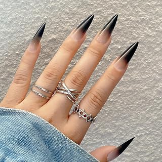 Long Press on Black Ombre Pink Bare Fake Nails - Women Glue on Acrylic Gel Stick on Fantasy Classy Aesthetic Voguish False Nails for Wedding Birthday