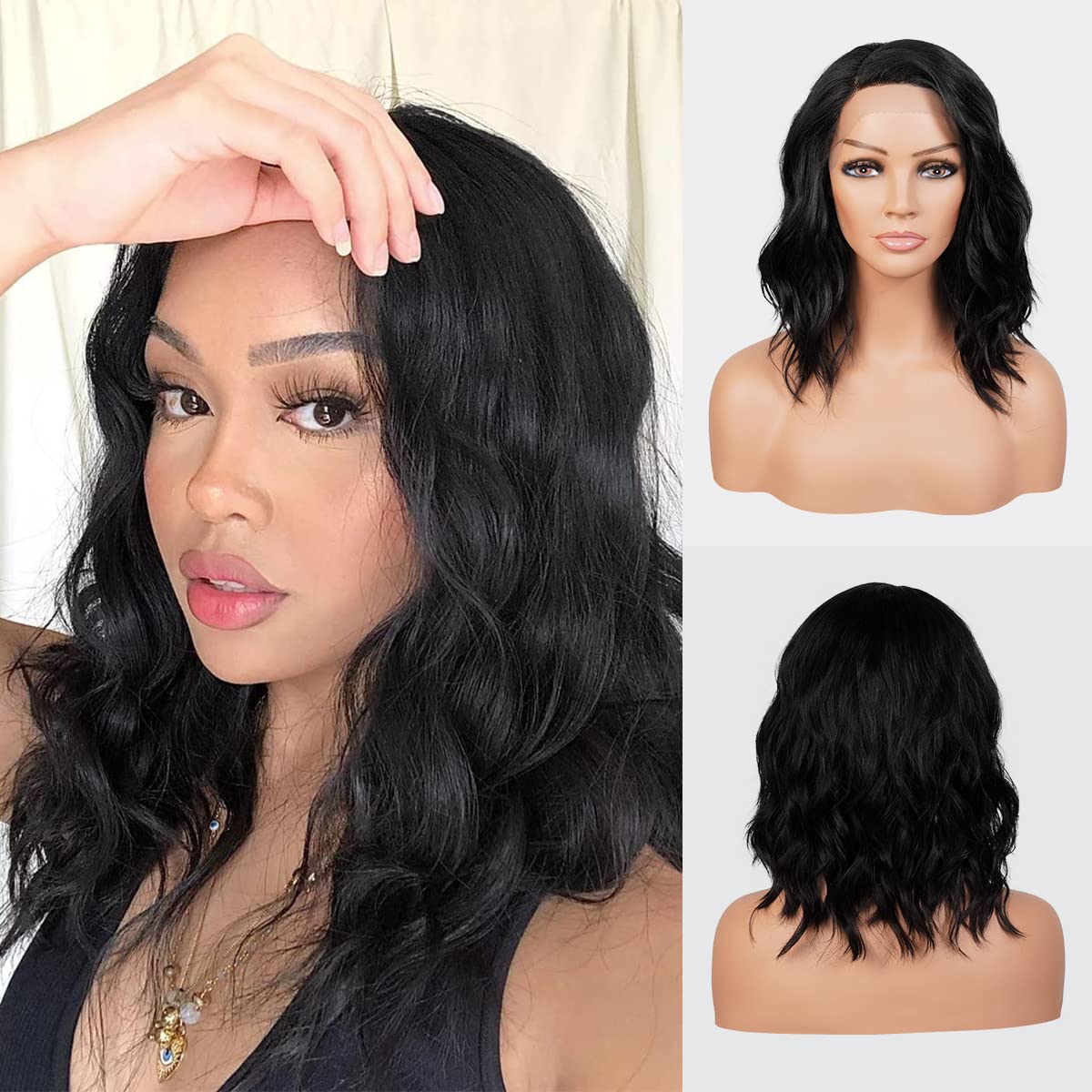 Loose Wave Bob Wigs Lace Front wigs 14 Inch Side Deep Part Lace Front Wig for Black Women Curly Wavy Wig Heat Resistant Synthetic Wigs DPL012 (1-Jet Black)