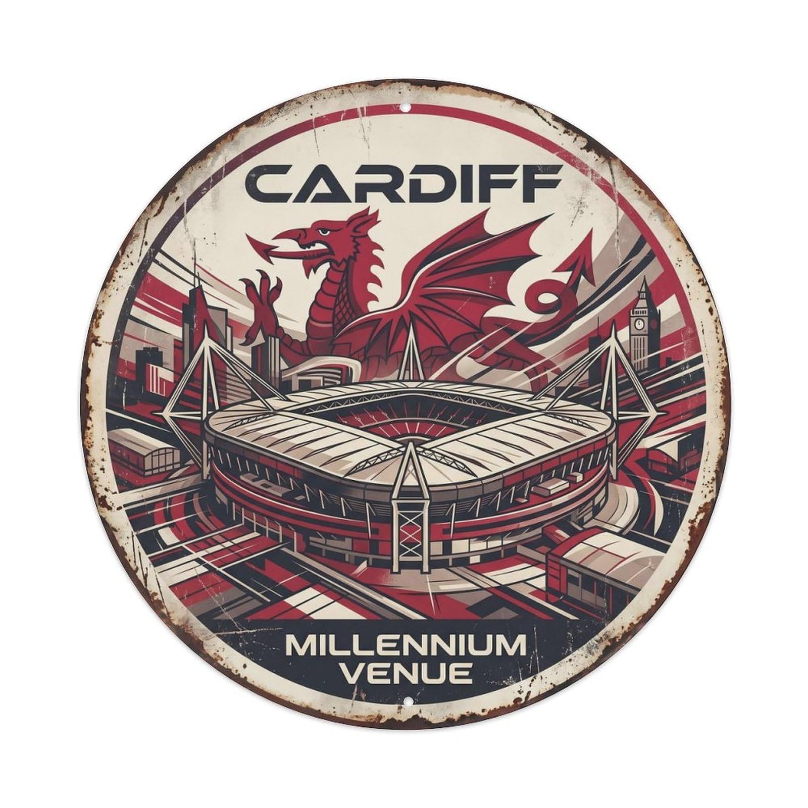 Cardiff Millennium Venue Historic Travel Cartography Cityscape Metal Tin Sign Plaque Wall Decor for Cafe, Man Cave, Club Bar, Office, Home Garden Round Metal Poster 8x8Inch
