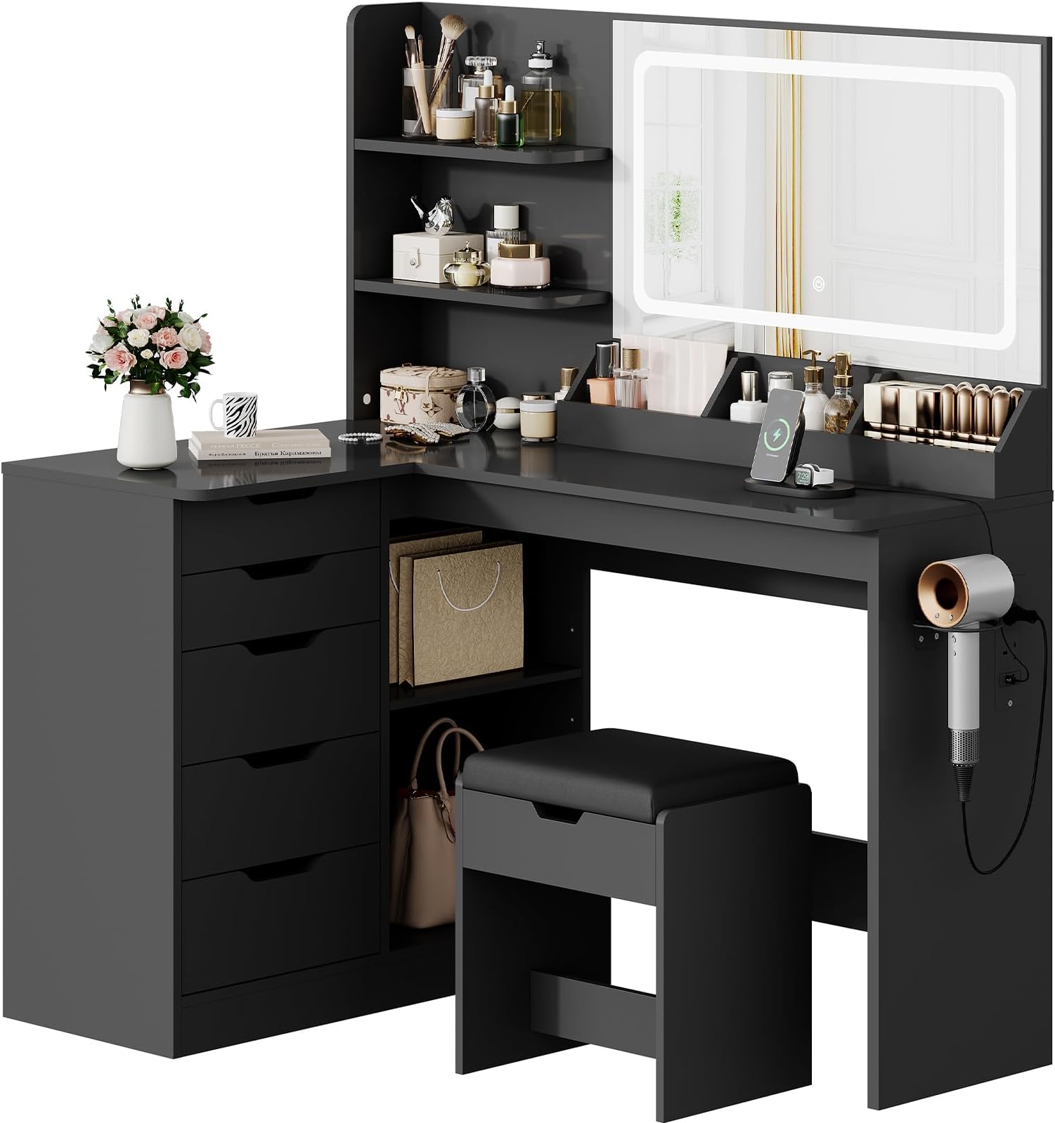 TRIUMPHKEY Dressing Table with Stool,Vanity Desk with 5 Drawers,Power Outlet,Corner Makeup Table with 3 Colors LED Mirror,Open Shelves,Bedroom Furniture for Women Girls (Black)