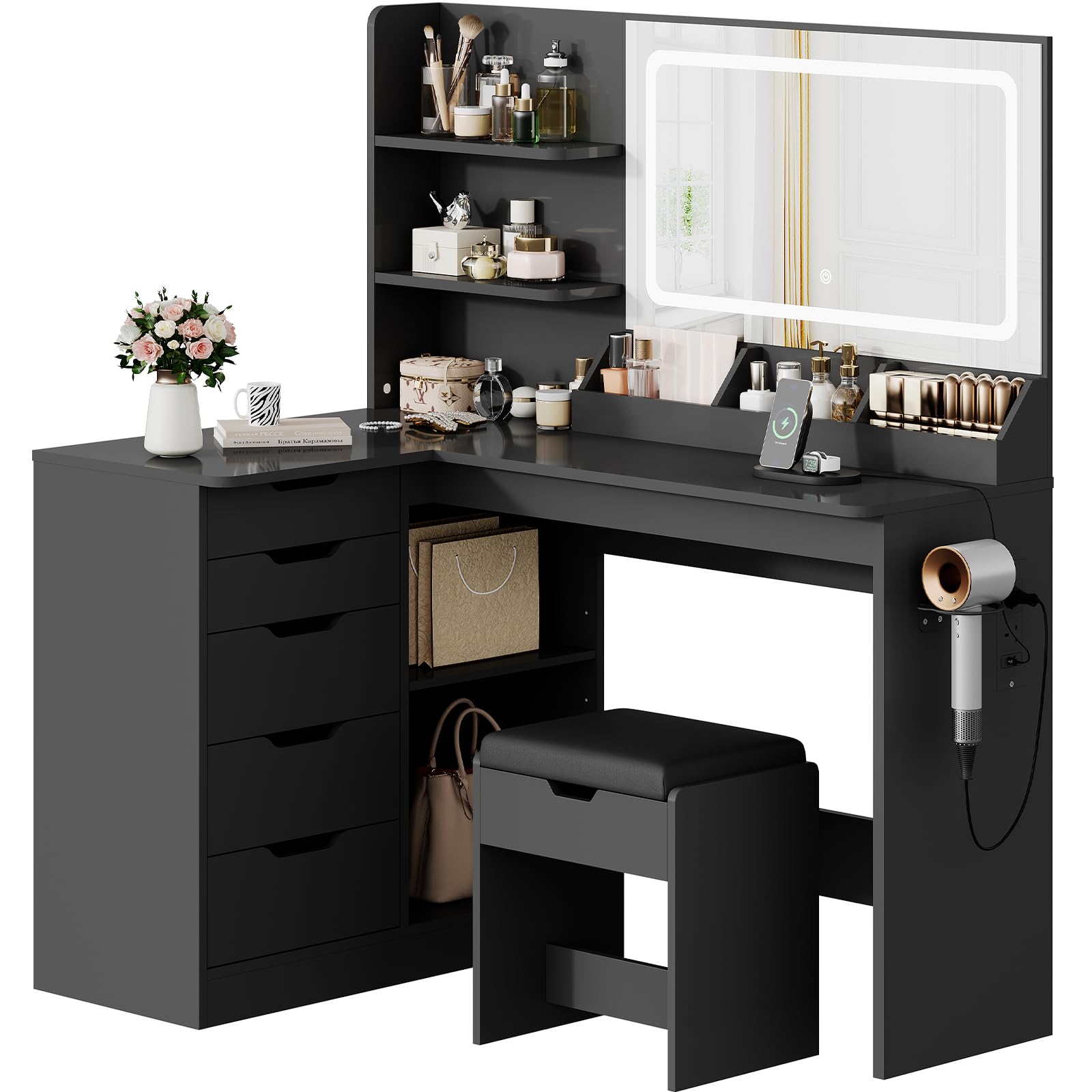 TRIUMPHKEY Dressing Table with Stool,Vanity Desk with 5 Drawers,Power Outlet,Corner Makeup Table with 3 Colors LED Mirror,Open Shelves,Bedroom Furniture for Women Girls (Black)