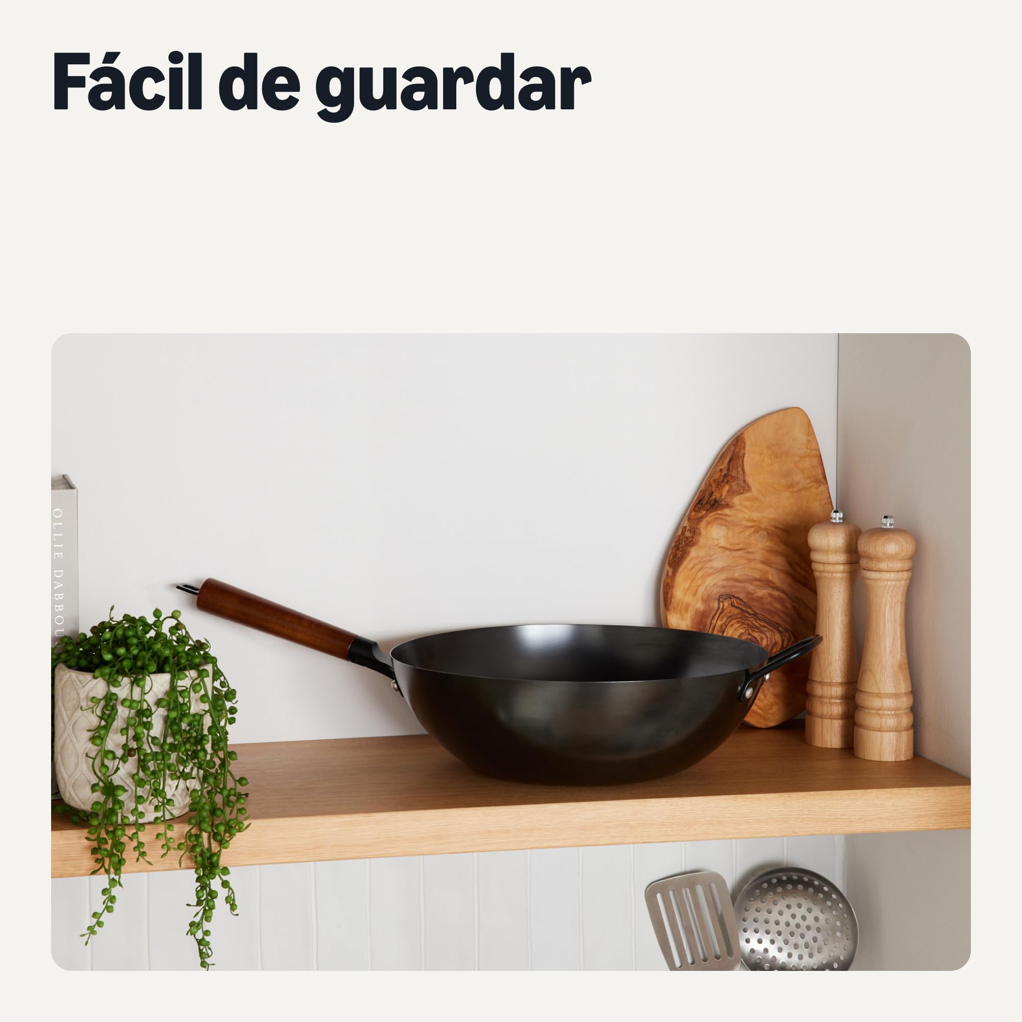 Amazon Basics Wok de Acero al Carbono Presazonado con Asa de Madera de Acacia, Compatible con Todo Tipo de Fuegos, 32,0cm