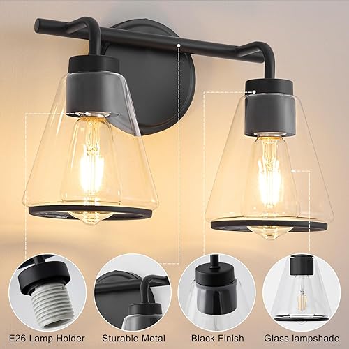 Miniatura 5 de Lámpara negra para tocador de baño, 2 luces, lámparas de baño sobre espejo, accesorios de iluminación con pantalla de vidrio transparente de 14