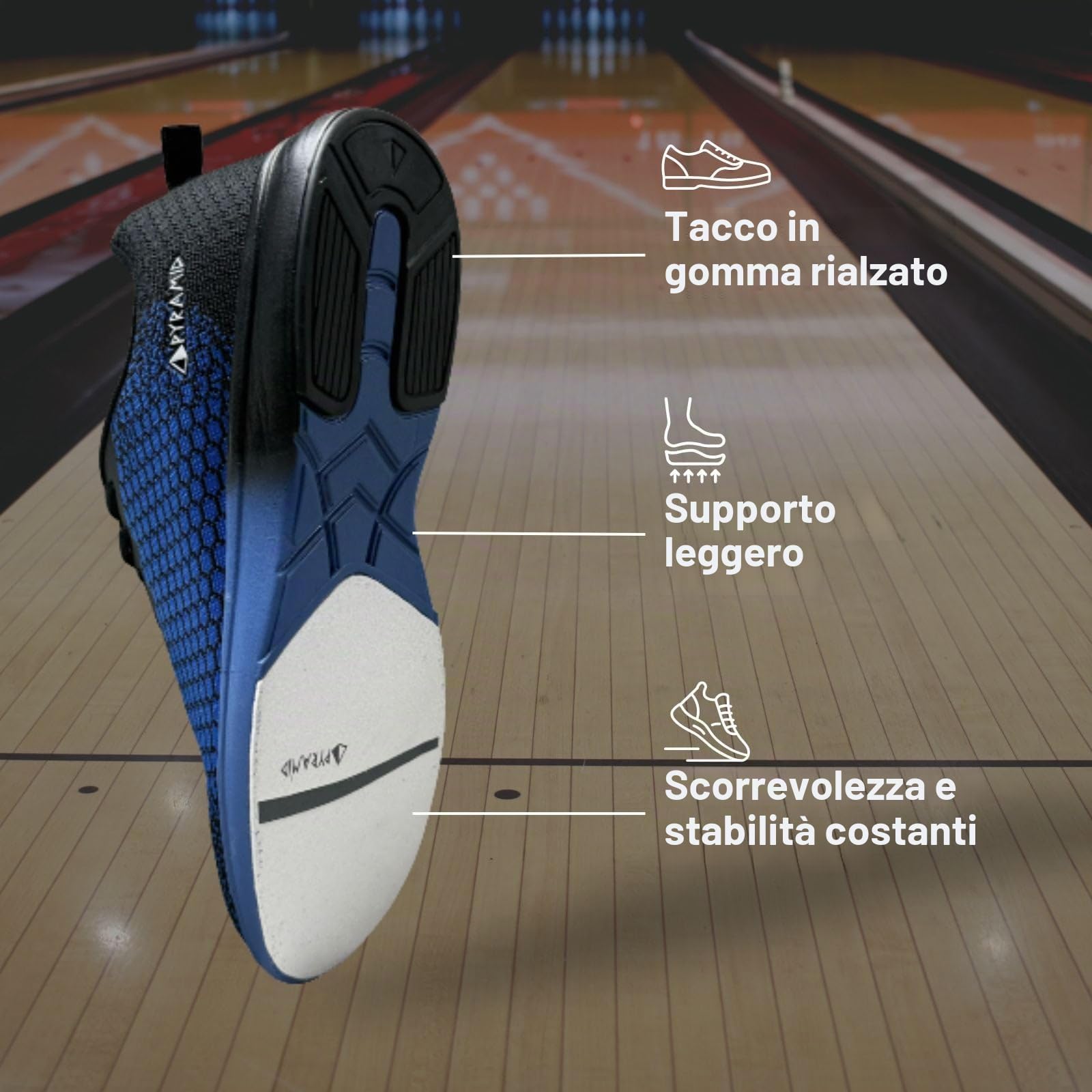Pyramid Path Lite Scarpe da bowling da uomo in rete, design leggero senza cuciture, calzata atletica, tomaia in rete traspirante, suola universale per scivolare facilmente, Nero/Blu Savoia, 44 EU