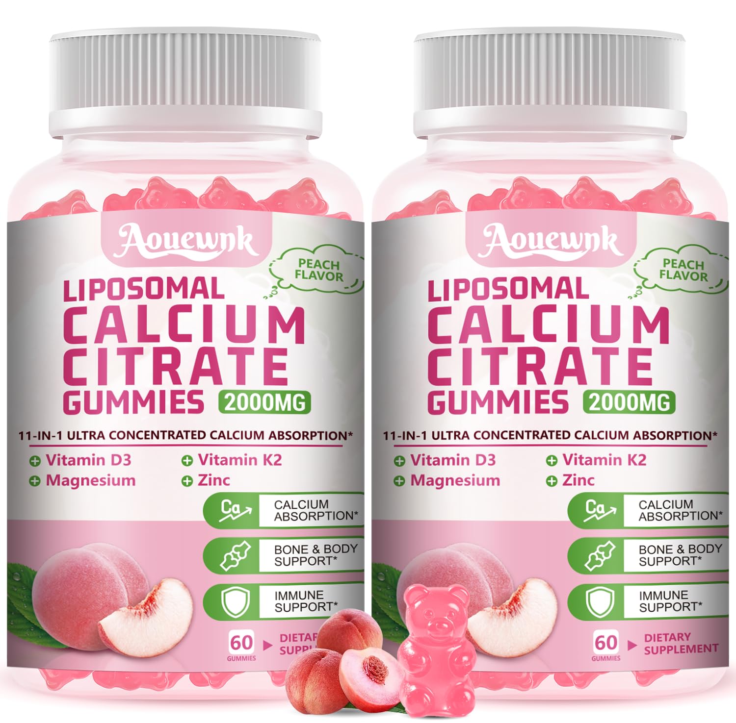 Liposomal 2000mg Calcium Citrate with Vitamin D3 K2 Supplements Gummies 60 Count (Pack of 2)