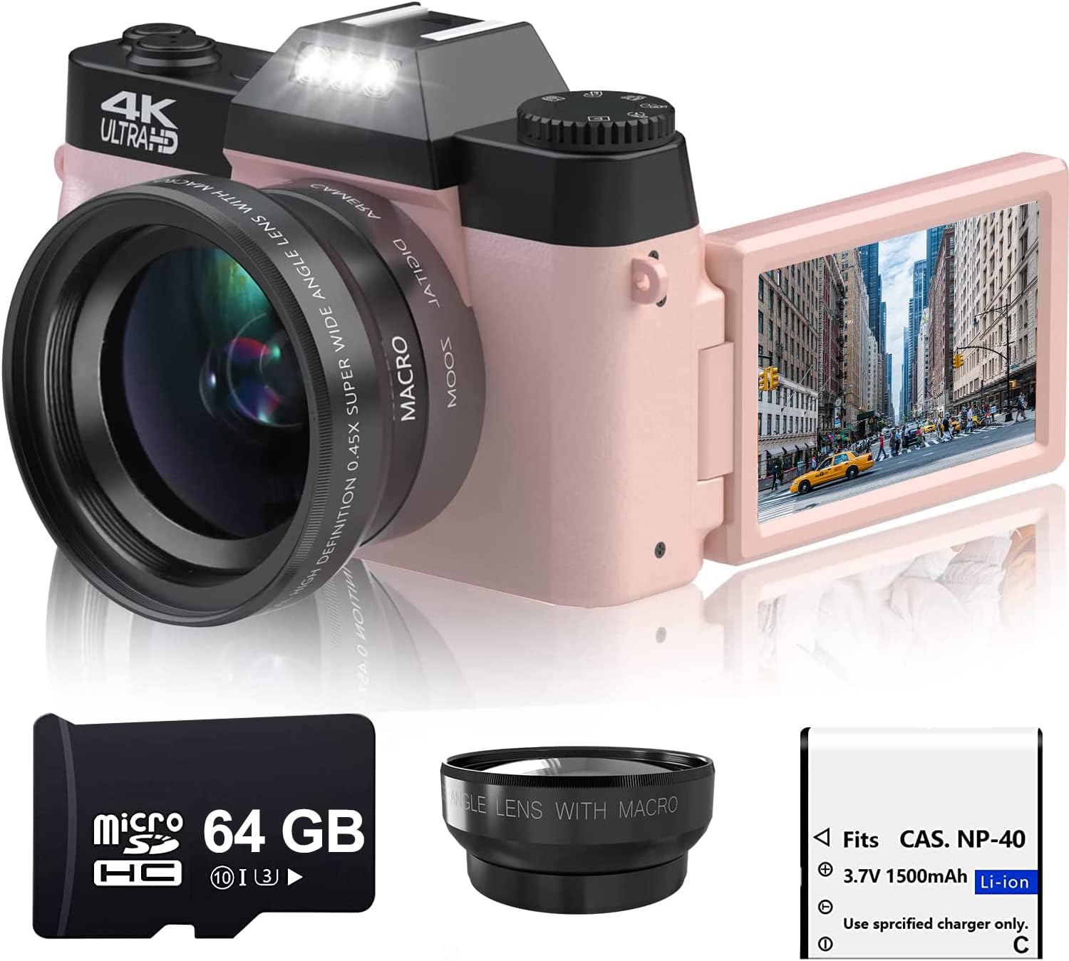 Acuvar56MP 4K Digital Camera for Photography, Vlogging Camera for YouTube with 3.0 Inch 180° Flip Screen, WiFi, 16X Digital Zoom, Wide Angle Lens and Macro, Battery