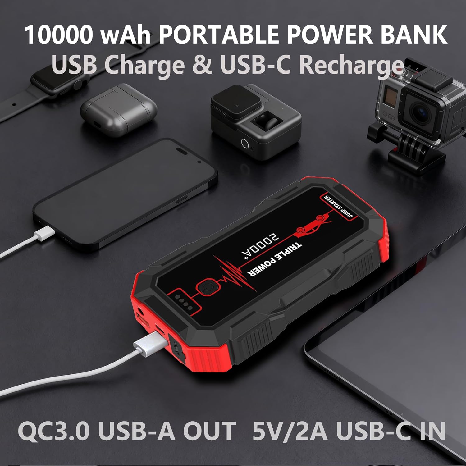 Portable Battery Jumper Starter 2000A Peak 12V Car Jump Starter & Power Booster — 12V Battery Jumper Starter Portable for Up to 6.0 L Gas / 4.0 L Diesel Engines Jump Box with LED Light