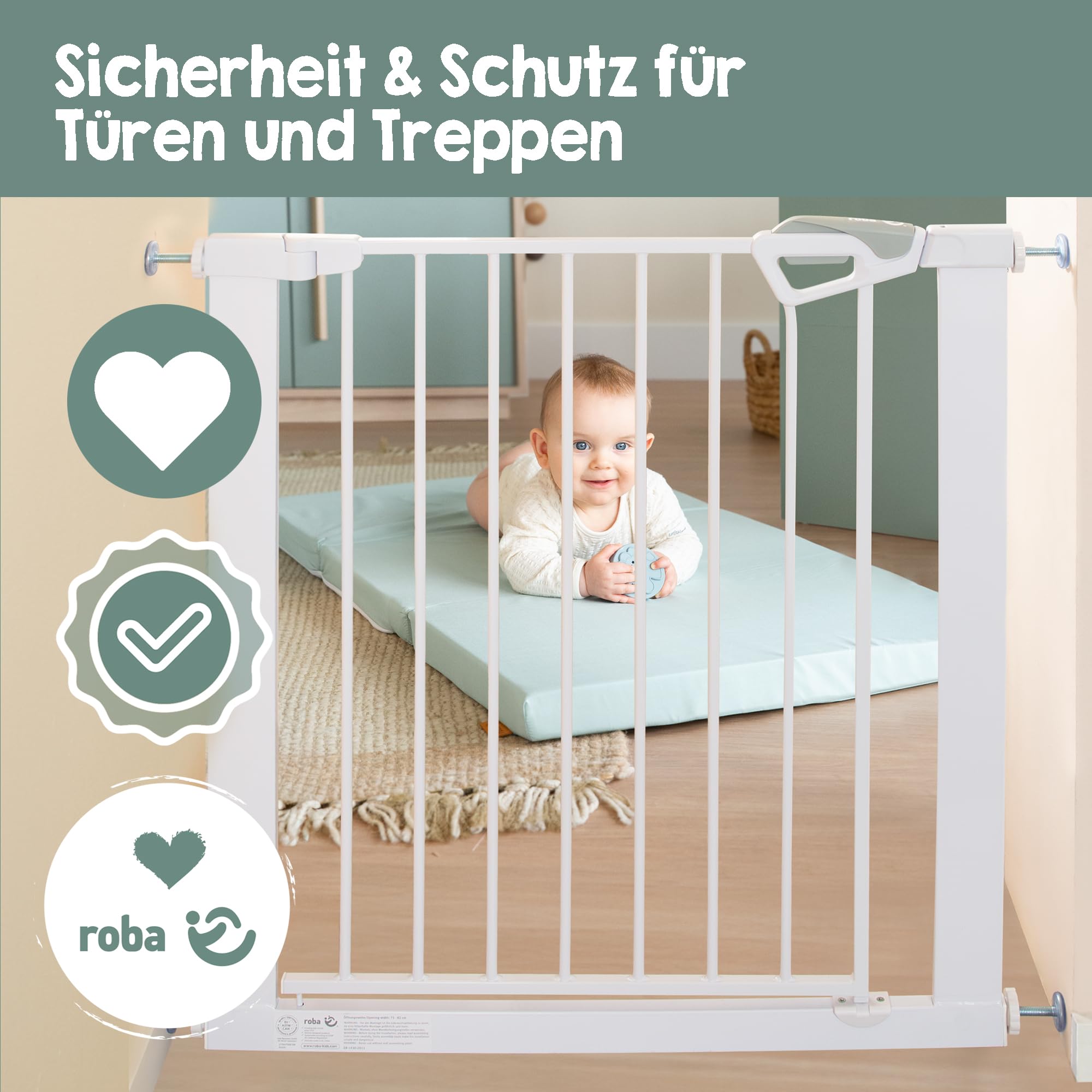 roba barrera de seguridad easySafe+ para puertas y escaleras metal ajustable 75-82 cm extensible hasta 110 cm TÜV cierre con indicador tope 90° sin taladrar para niños 0-24 meses blanco
