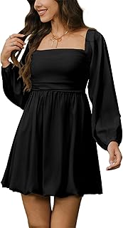 HYPERFIRE Women's Square Neck Long Sleeve Bubble Mini Dress Pleated Smocked A Line Wedding Dresses