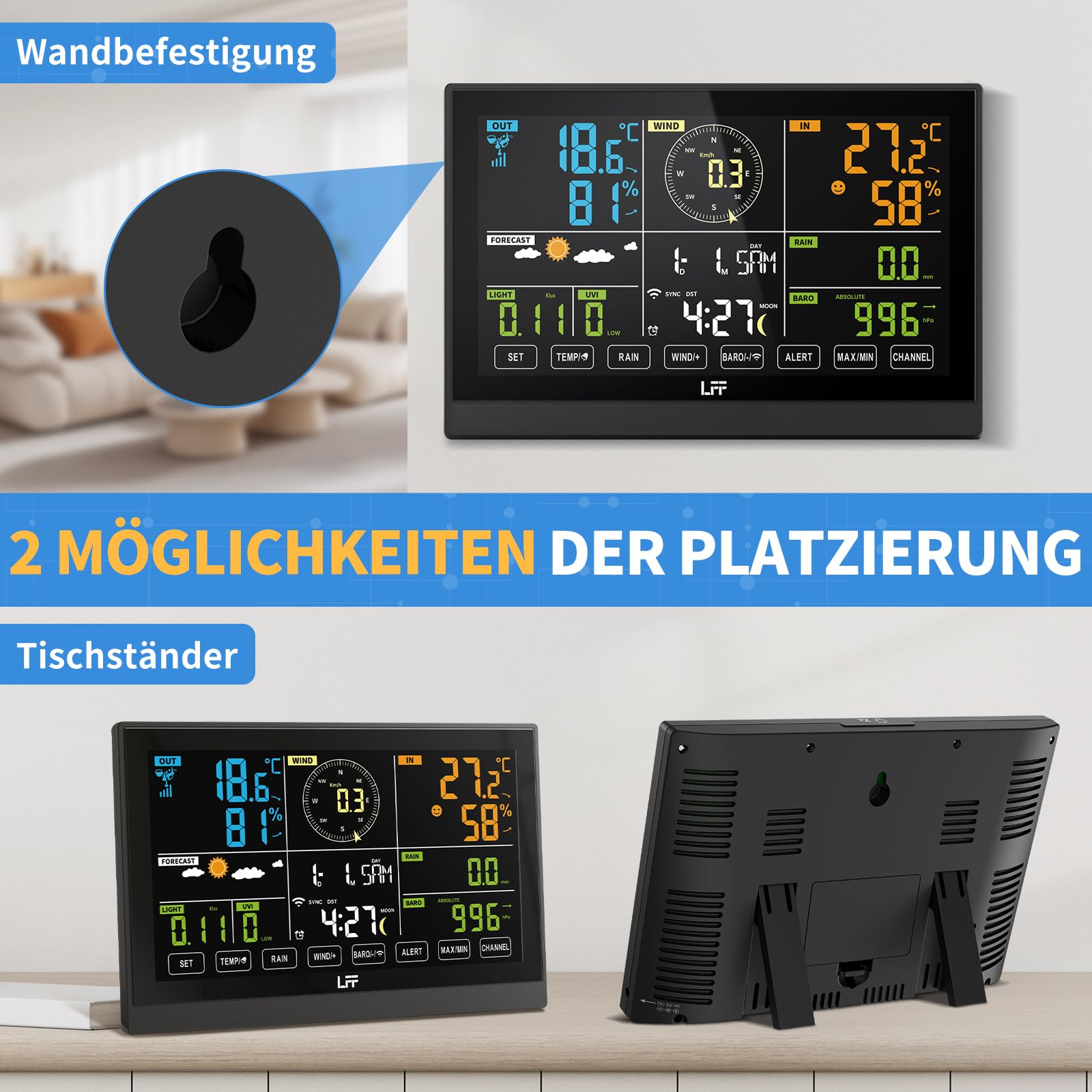 LFF WLAN 7-In-1 Wetterstation Funk mit Außensensor, 7,5 Zoll Display,Wetterstation mit Smart Life-App,Wetterstation mit 4 Stufen Hintergrundbeleuchtung,UV-Index,Windmesser,Regenmesser,Wettervorhersage