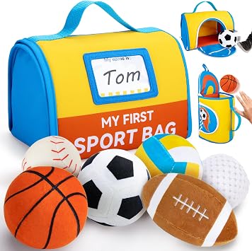 teytoy My First Sports Bag for Baby,Stuffed Plush Playset with Soft Basketball,Baseball,Football,Soccer,Golf Ball,Volleyball Baby Birthday Gift Toys for 1 Year Old Boys Girls