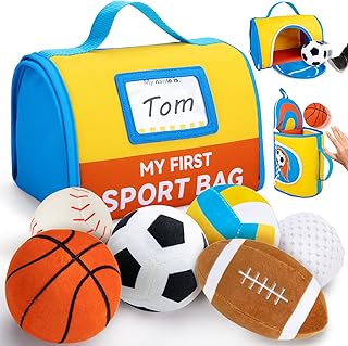 teytoy My First Sports Bag for Baby,Stuffed Plush Playset with Soft Basketball,Baseball,Football,Soccer,Golf Ball,Volleyball Baby Birthday Gift Toys for 1 Year Old Boys Girls