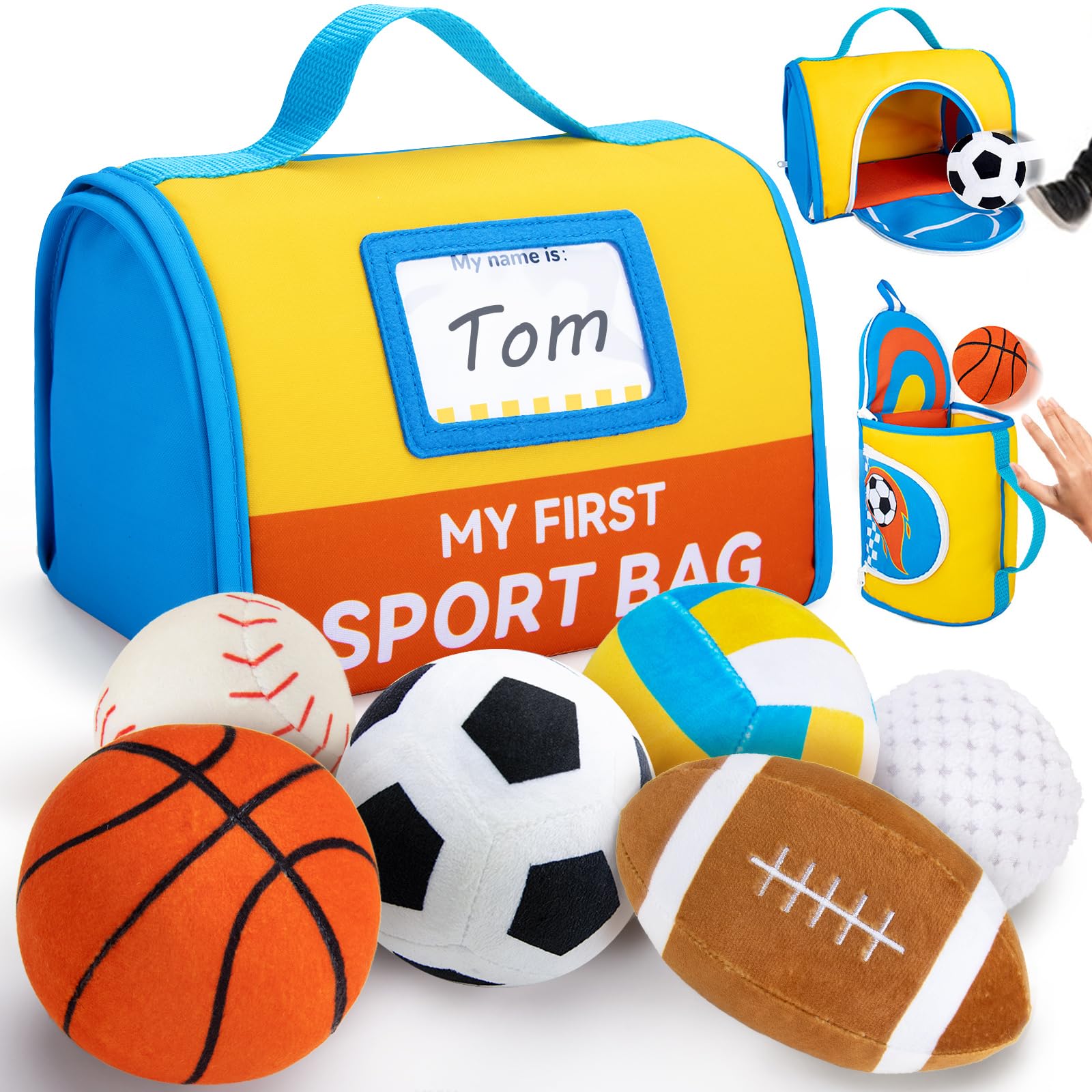 teytoy My First Sports Bag for Baby,Stuffed Plush Playset with Soft Basketball,Baseball,Football,Soccer,Golf Ball,Rugby,Volleyball Baby Birthday Gift Toys for 1 Year Old Boys Girls