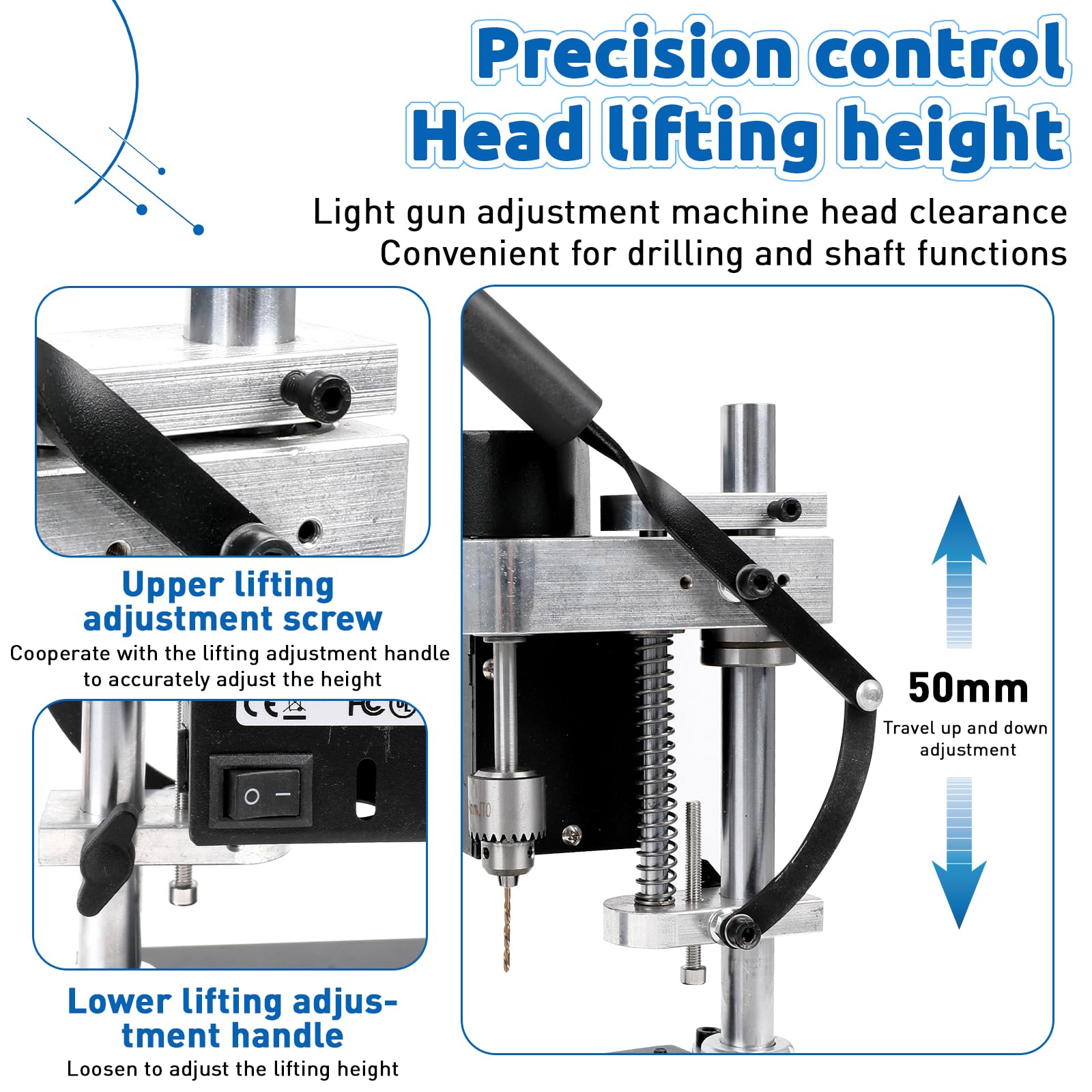 Mini Taladro de Columna, Taladro de banco de 200 W con 7 velocidades, carrera de perforación 50 mm, motor 795 y 0,3-4 mm portabrocas, taladro de mesa de 10000 rpm con tornillo de banco, enchufe UE