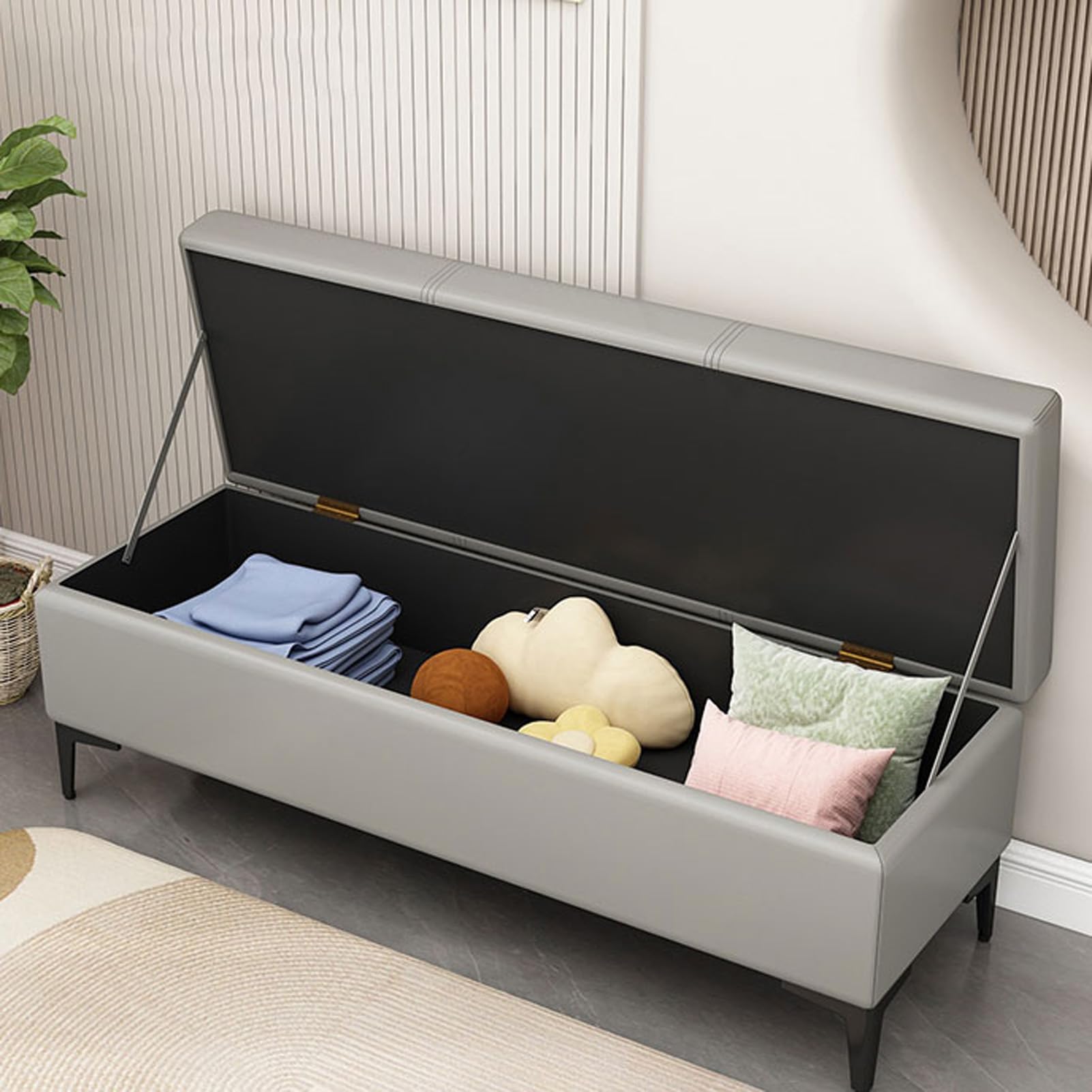 Banco de pasillo acolchado de piel sintética, elegante otomana de almacenamiento larga para sala de estar, dormitorio o vestíbulo, solución de asiento de extremo estrecho de la cama con almacenamiento