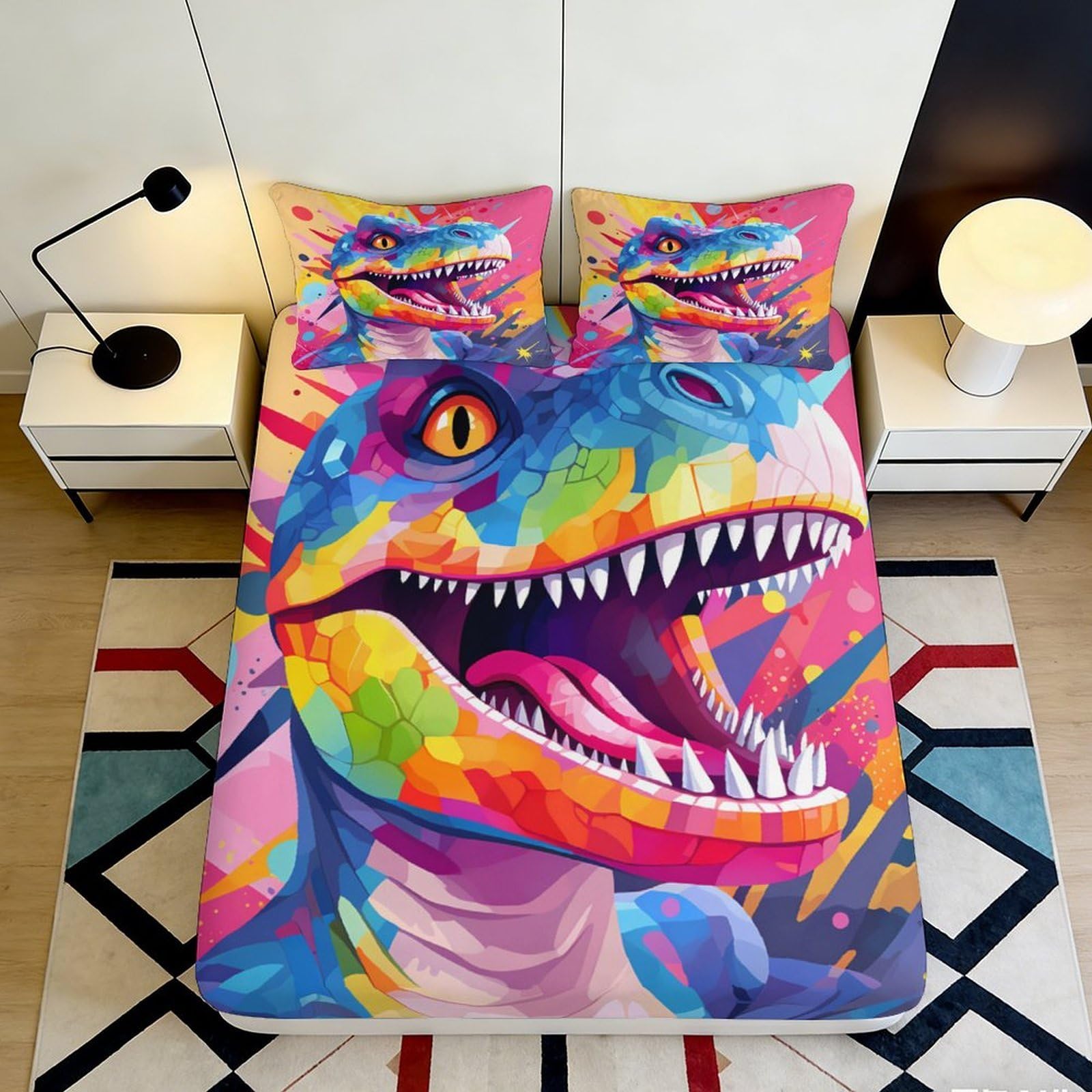 3D Printed Colorful Dinosaur Fitted Sheet Microfiber Soft Vibrant T-Rex Bed Cover for Bedroom Guest Room Dorm Decor 90x200x25cm