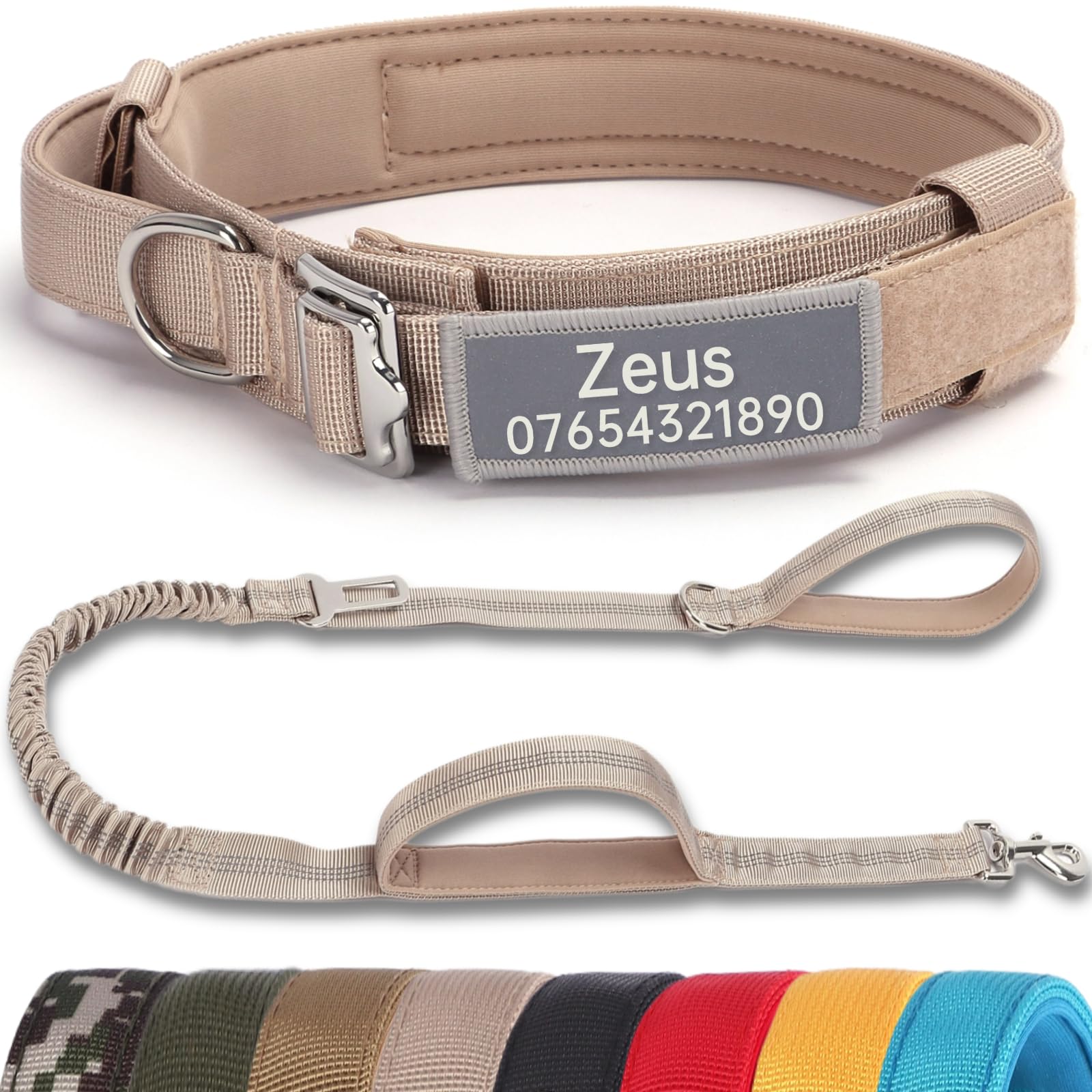 SEOUGEE Tactical Dog Collar Personalised with Handle and Leash Set, Soft Padded Dog Collars with Custom Reflective Name Patch, Pet Collars with Portable Buckle for Medium Large Dogs (Beige Set, XL) — image 1