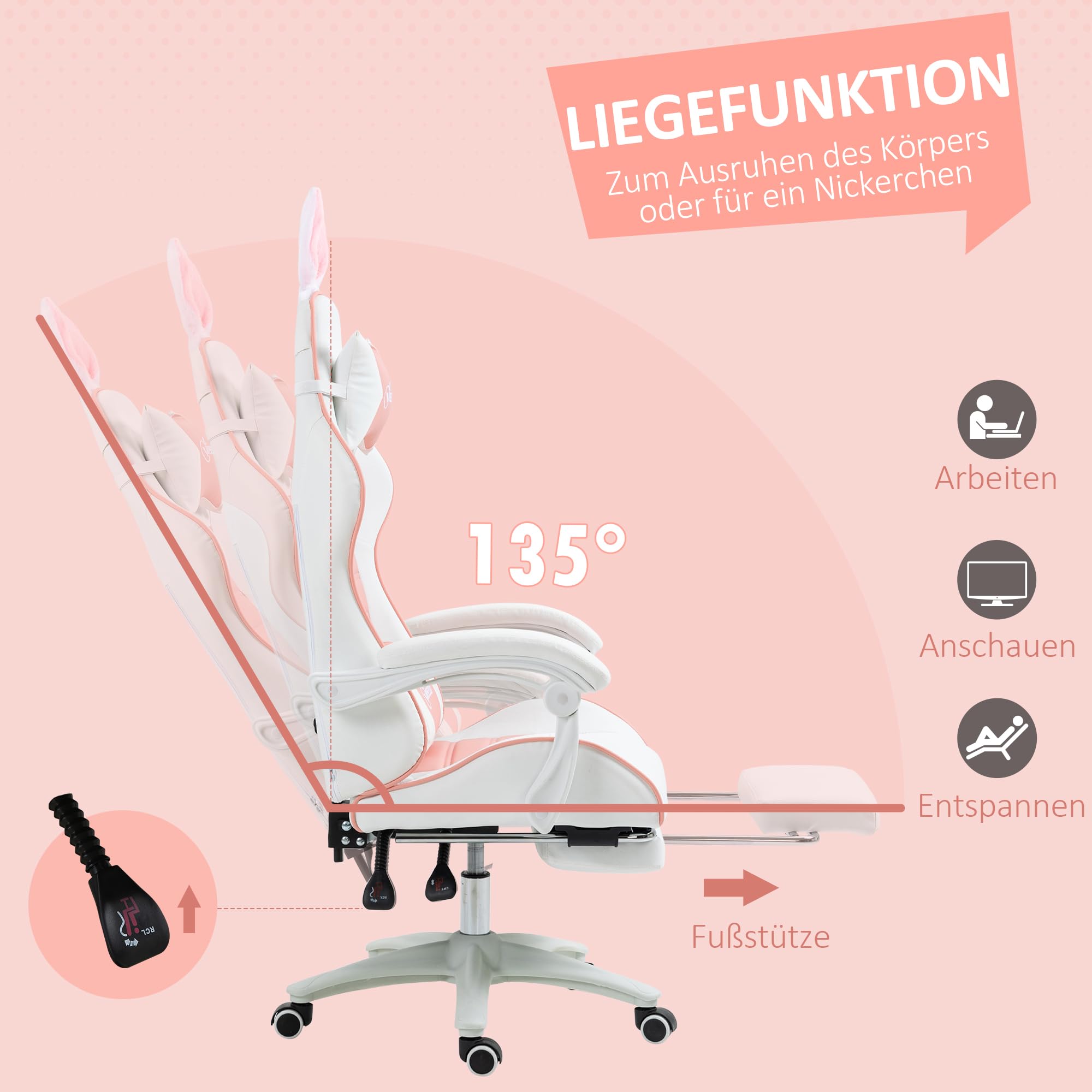 Vinsetto Gaming Stuhl mit Lendenwirbelstütze Fußstütze Kopfkissen Rosa | Ergonomischer Gamer Stuhl, Gaming Sessel mit Hasenohren, Bürostuhl mit Verstellbare Rückenlehne Liegefunktion