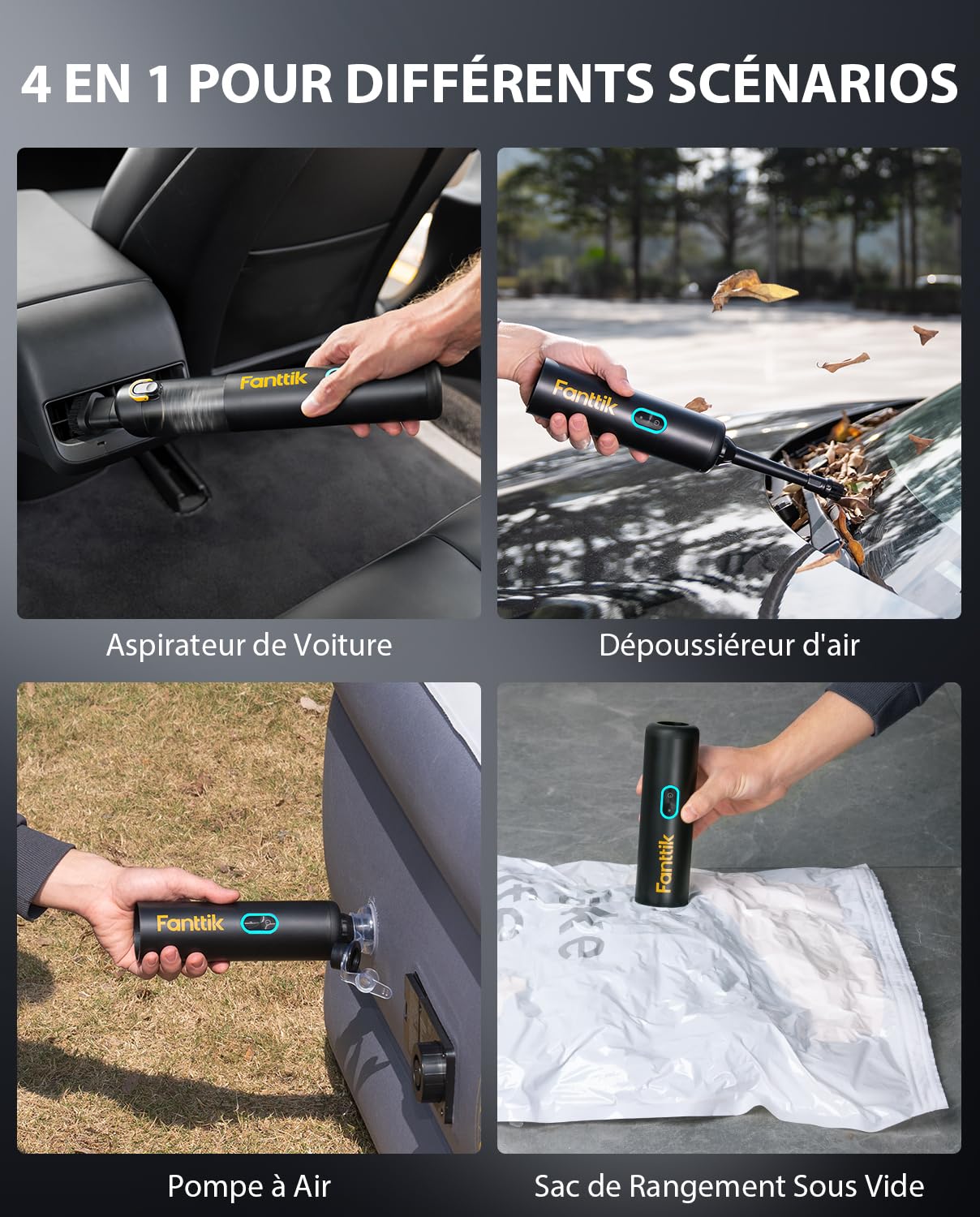 Fanttik Slim V8 Apex Aspirateur de Voiture,Haute Puissance D'aspiration 19KPa Aspirateur à Main,Charge Rapide USB-C Aspirateur sans Fil pour Voiture,4 en 1 Aspirateur/Souffleur/Gonfleur/Pompe（Noir）