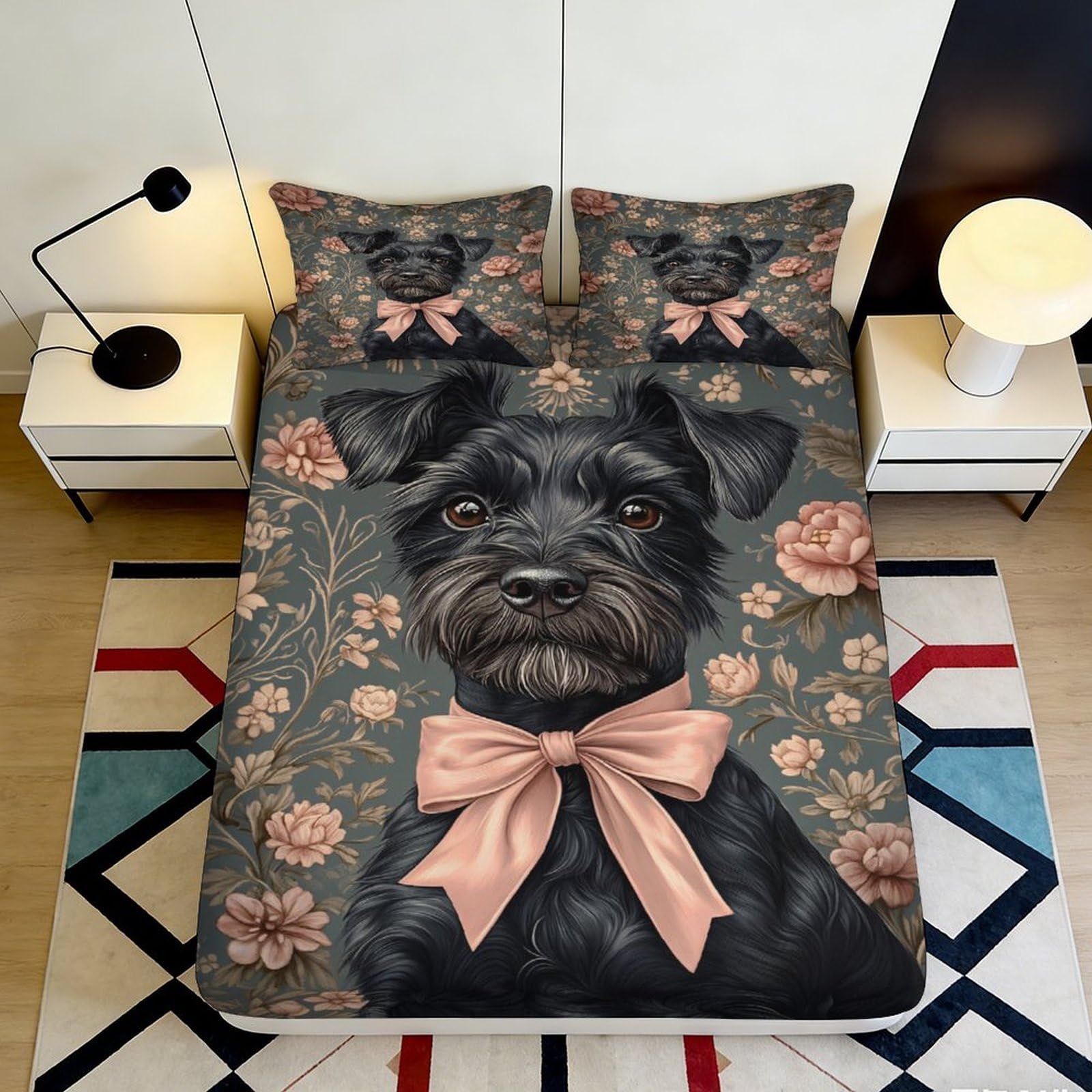 Jqzkxnhpbr Style-7 3D Printed Black Schnauzer Dog Fitted Sheet Microfiber Floral Bow Bed Sheet For Bedroom Guest Room Decor 90X200x25cm