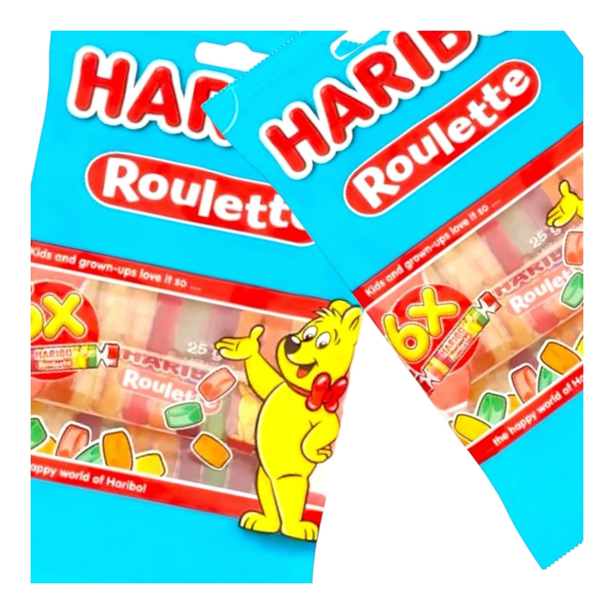 Caribou CandySweet Hamper - For Haribo Roulette Gummy Sweets Fruity Flavours - 6 Roll Packs 150g (25g per roll) - 2x Share Bags (12 Rolls)