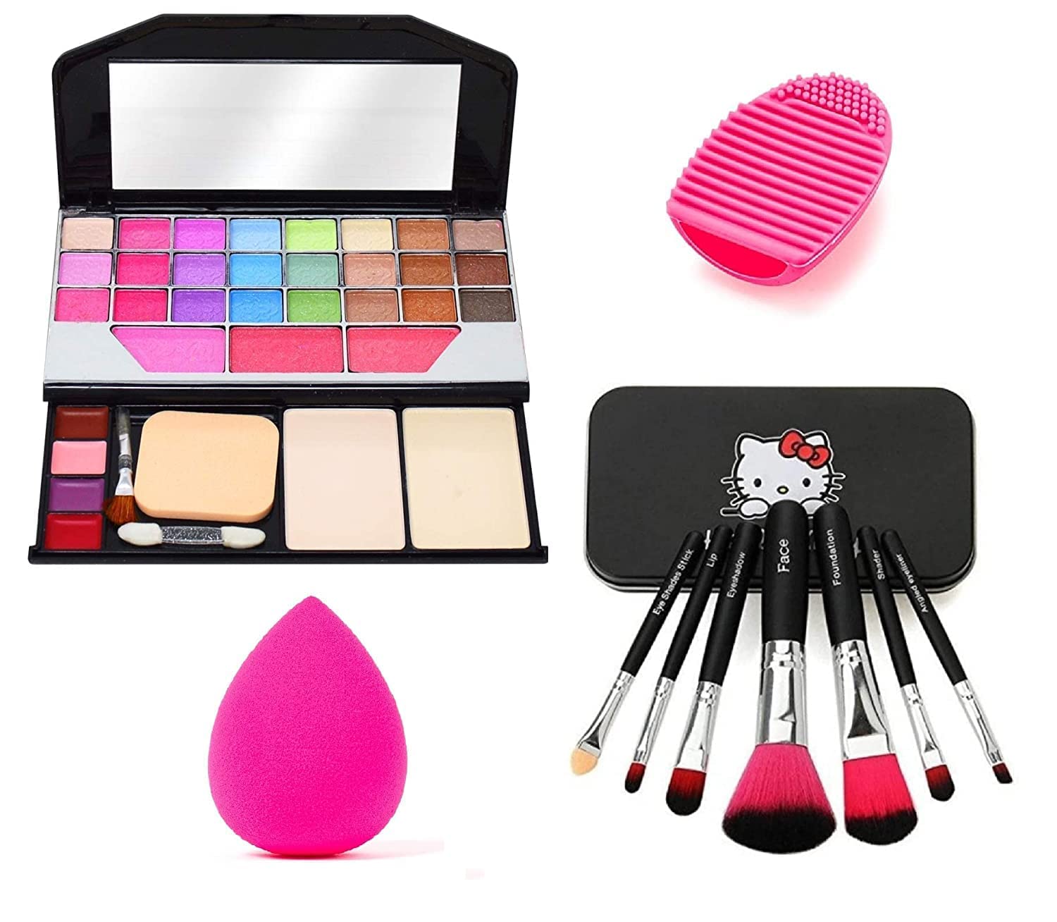 LIP N CHIC GLOW TYA Fashion 6155 Makeup Kit with 7 Black Makeup Brushes Set, 1 Pink Beauty Blender and 1 Makeup Brush Cleaner Tool - (Pack of 10)