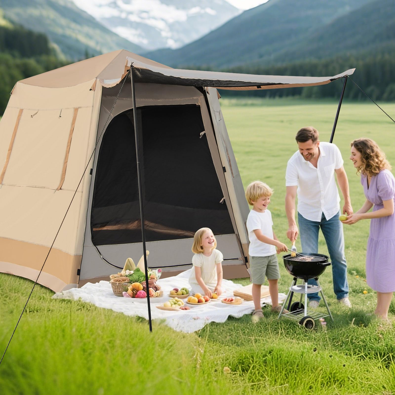 GYMAX Tente de Camping Pop-up avec Pare-Soleil pour 4-6 Personnes, Moustiquaire à 6 Côtés, 2 Entrées, Ouverture à Fermetures Éclair Doubles, 330 x 270 x 200 cm
