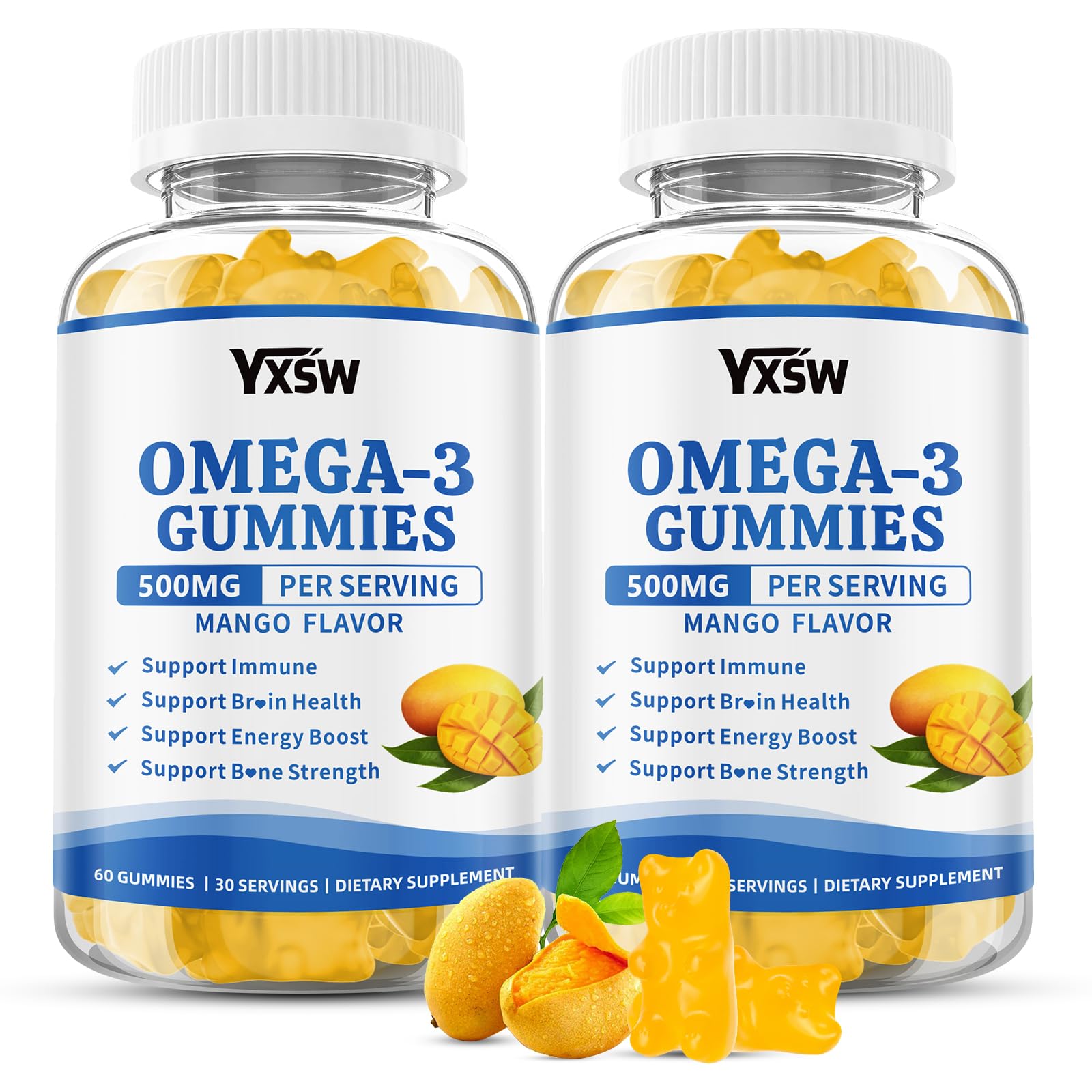 Vegan Omega-3 Gummies 500mg, Omega 3 Fish Oil Alternative for Adults with Plant-Based EPA & DHA & Vitamin A, C, E for Brain, Eye & Immune Health, Sugar Free, Mango Flavor, 120 Count 120 Count (Pack of 1)