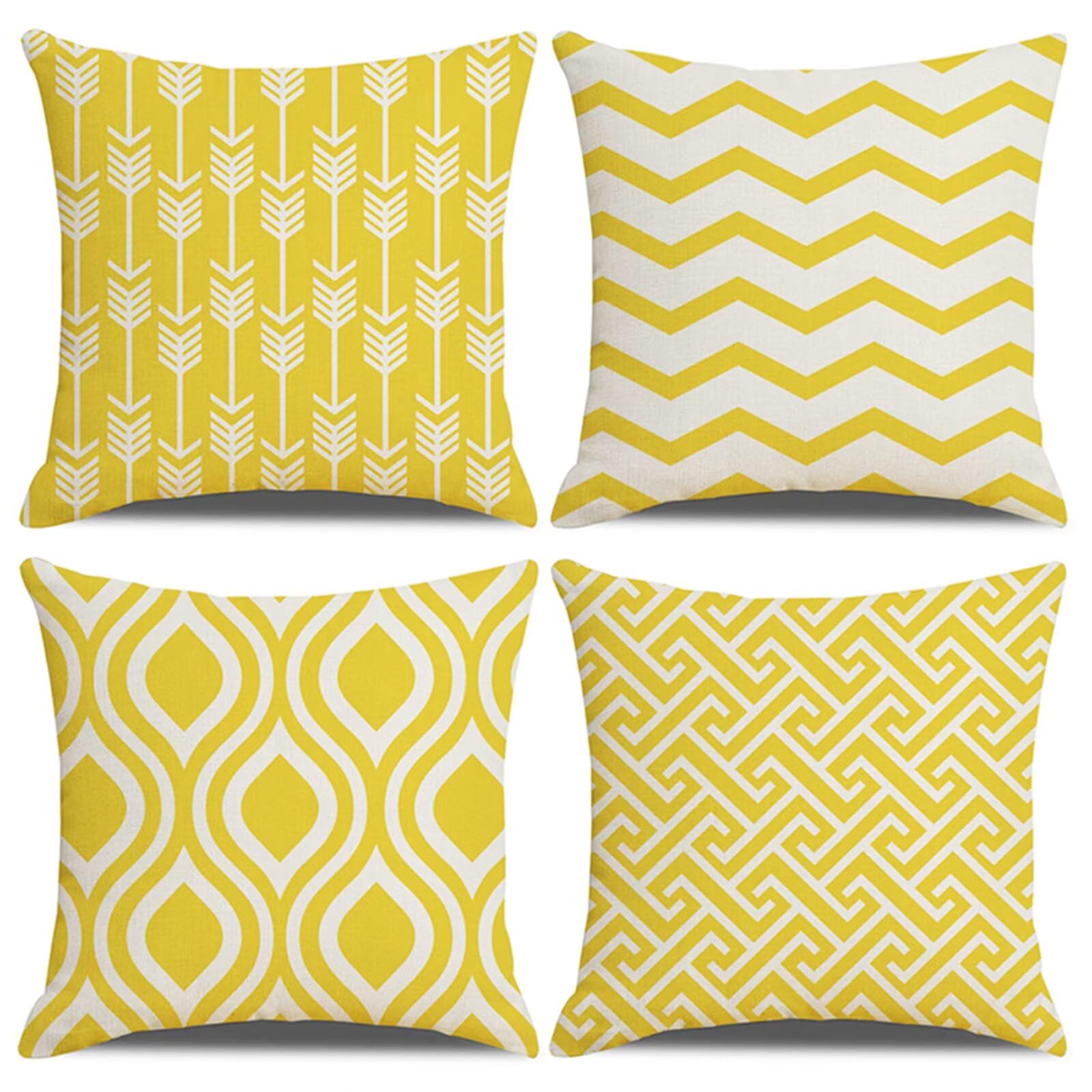Juego de 4 Impermeable Funda de Cojín Geometría amarilla,65x65cm Moderno Suave Transpirables Lino Fundas de Almohada Cojines Decorativos con Cremallera Oculta para Exterior Sofá Cama Coche Hogar