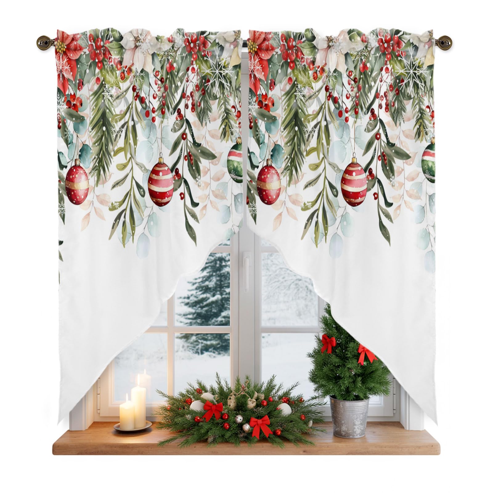 BEMIGO Swag Valances for Windows, Christmas Eucalyptus Leaves Rod Pocket Kitchen Window Curtains Over Sink, Xmas Poinsettia Flower Swag Curtains,2 Panels, 36 Inches Length