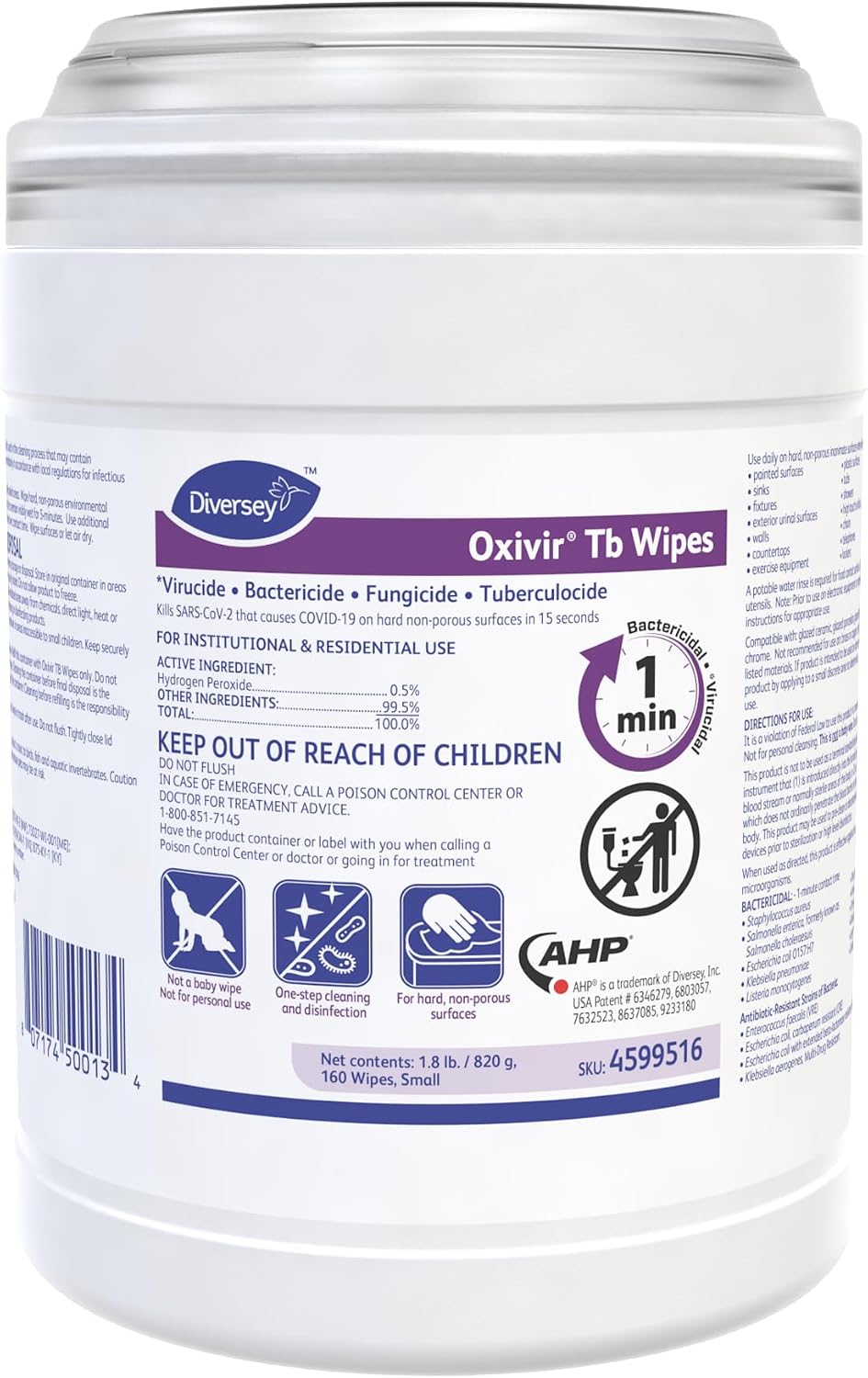 Oxivir Diversey Tb Disinfectant Wipes, ADA Canister, Large, 60 Count