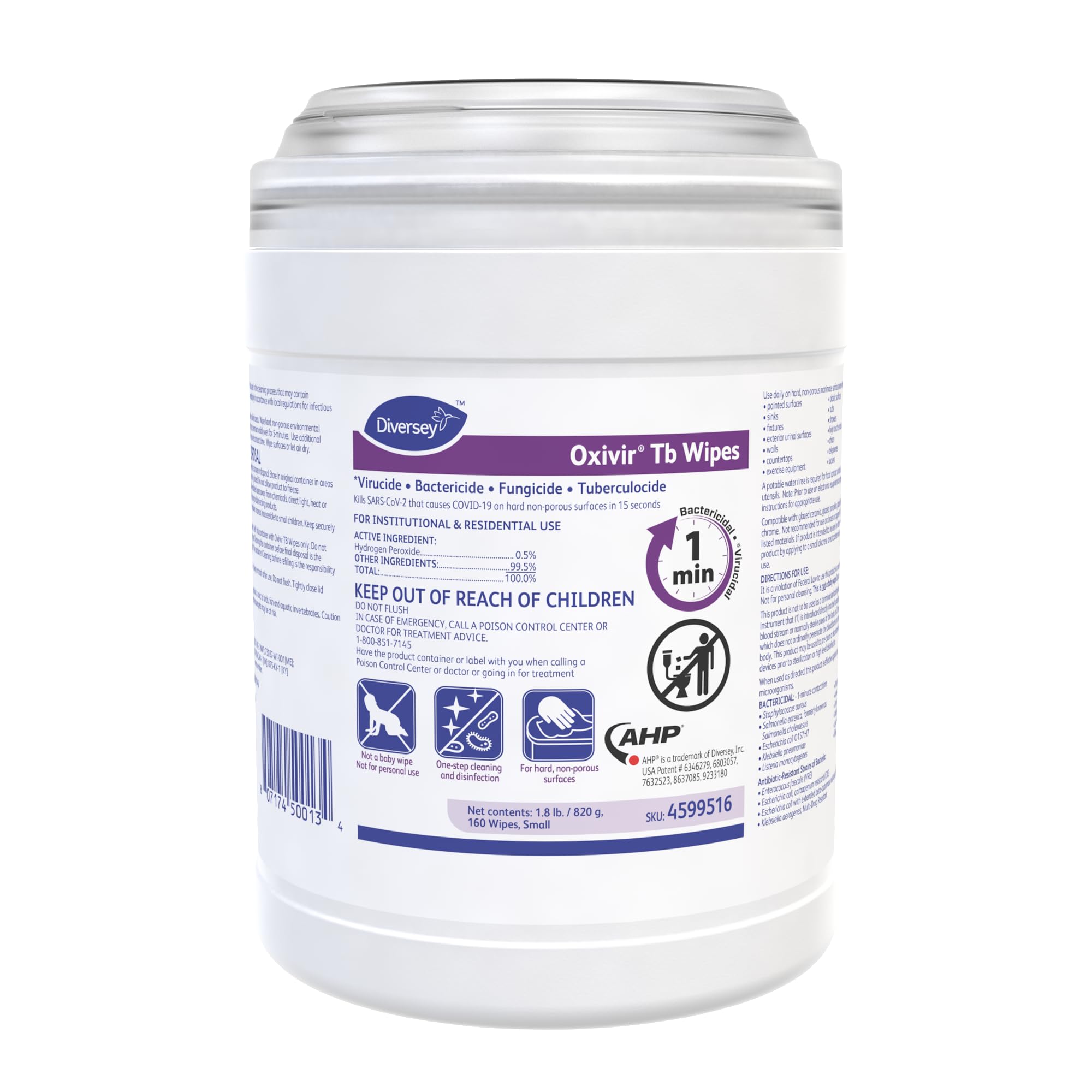 Oxivir Diversey Tb Disinfectant Wipes, Canister, Small, 160 Count