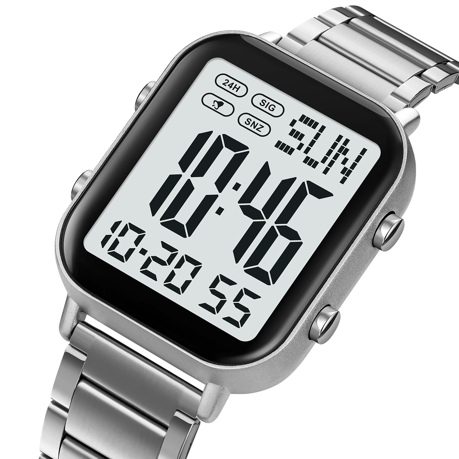findtime Reloj digital para hombre con números grandes, para personas mayores, negocios, reloj de pulsera digital, correa de metal, reloj de lujo, LED, hora dual, fecha, 12/24 h, cronómetro