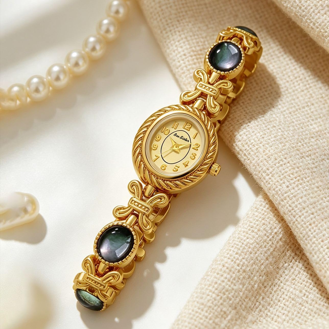 FANMIS Reloj de pulsera para mujer, tono dorado, pequeño, ovalado, de cuarzo, con correa de joyería, con acento de concha de abulón, reloj de vestir delgado para mujer