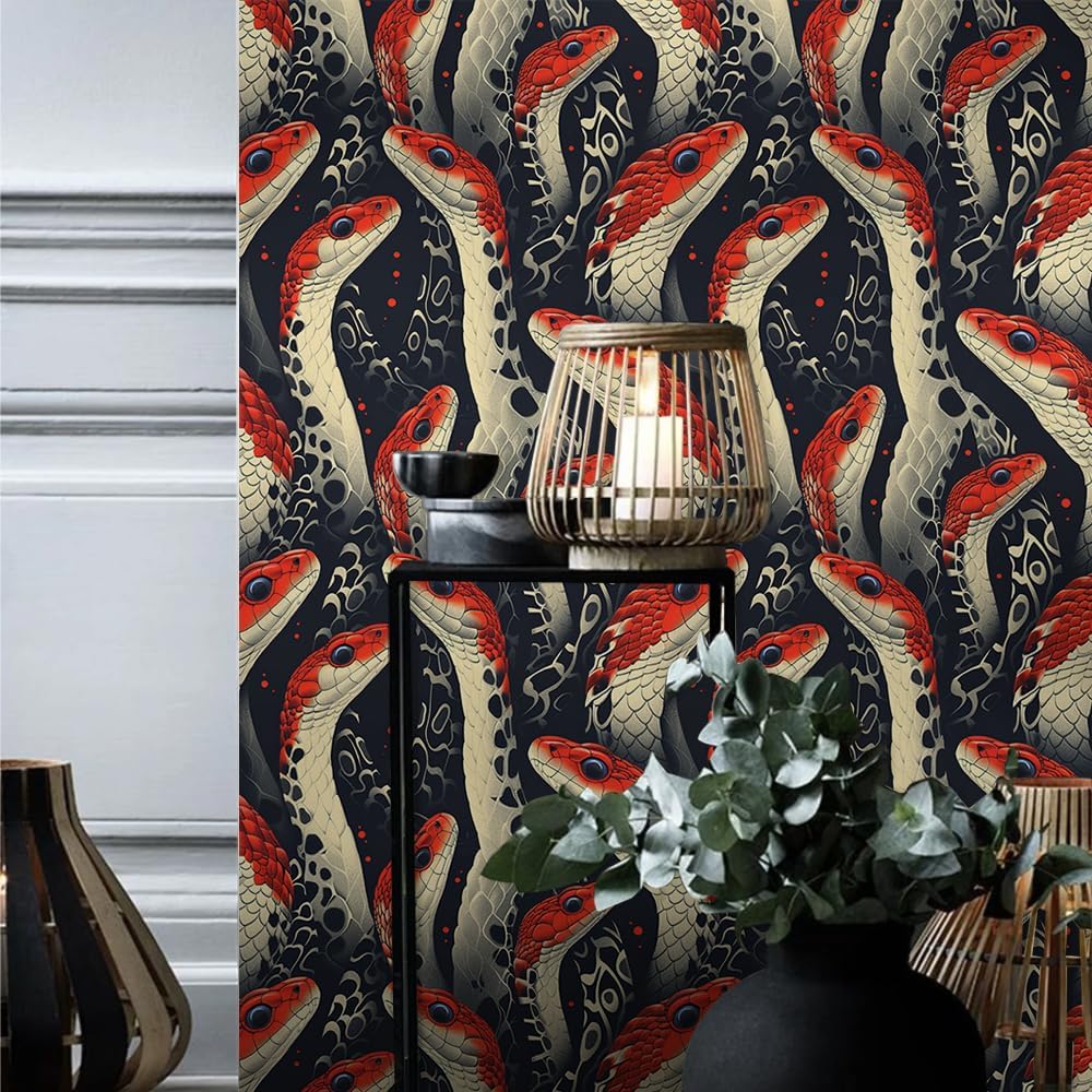 18"x236" Gothic Black Red Snake Peel and Stick Wallpaper Easy Peel Off Contact Paper Vintage Vinyl Self Adhesive Removable Stick on Wall Paper for Kitchen Cabinet Renter Friendly