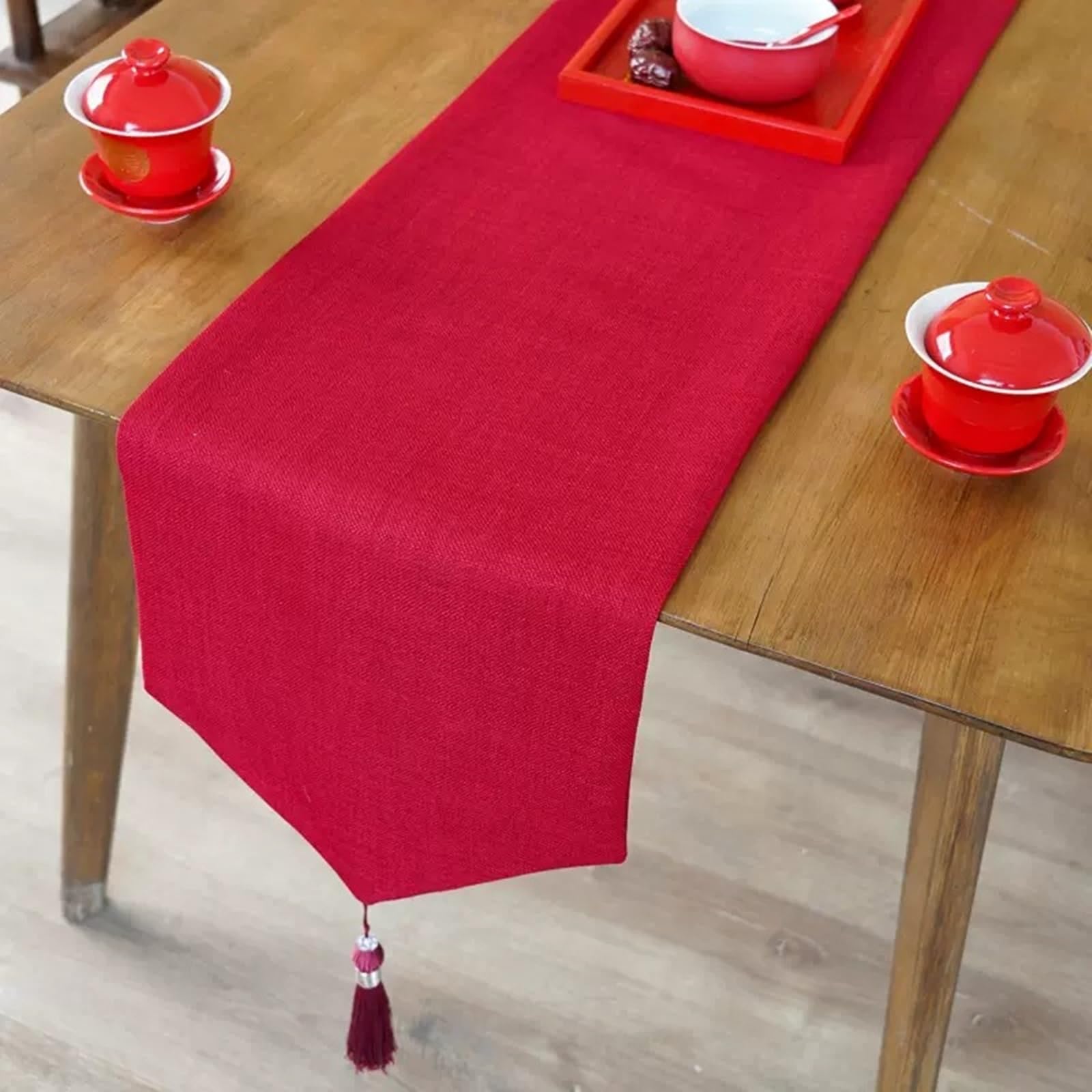 Chemin de Table Lin 180 cm, Chemin de Table Mariage Champetre 33x180cm Rouge Uni avec Pompons