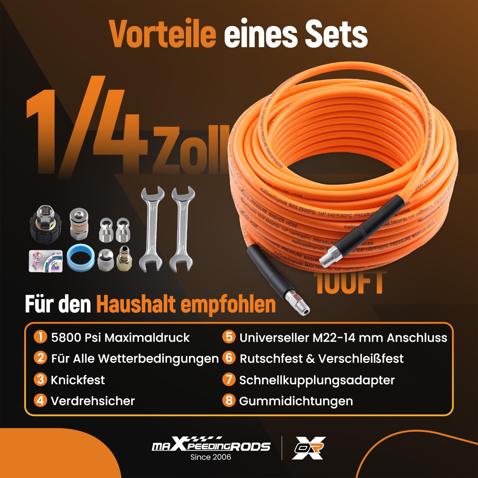 maXpeedingrods Set di tubi per la pulizia dei tubi, 100FT (30 m), universale, per la pulizia dei tubi ad alta pressione, adattatore angolare NPT da 1/4", per scarico, WC, fogne, lavaggio auto (5800