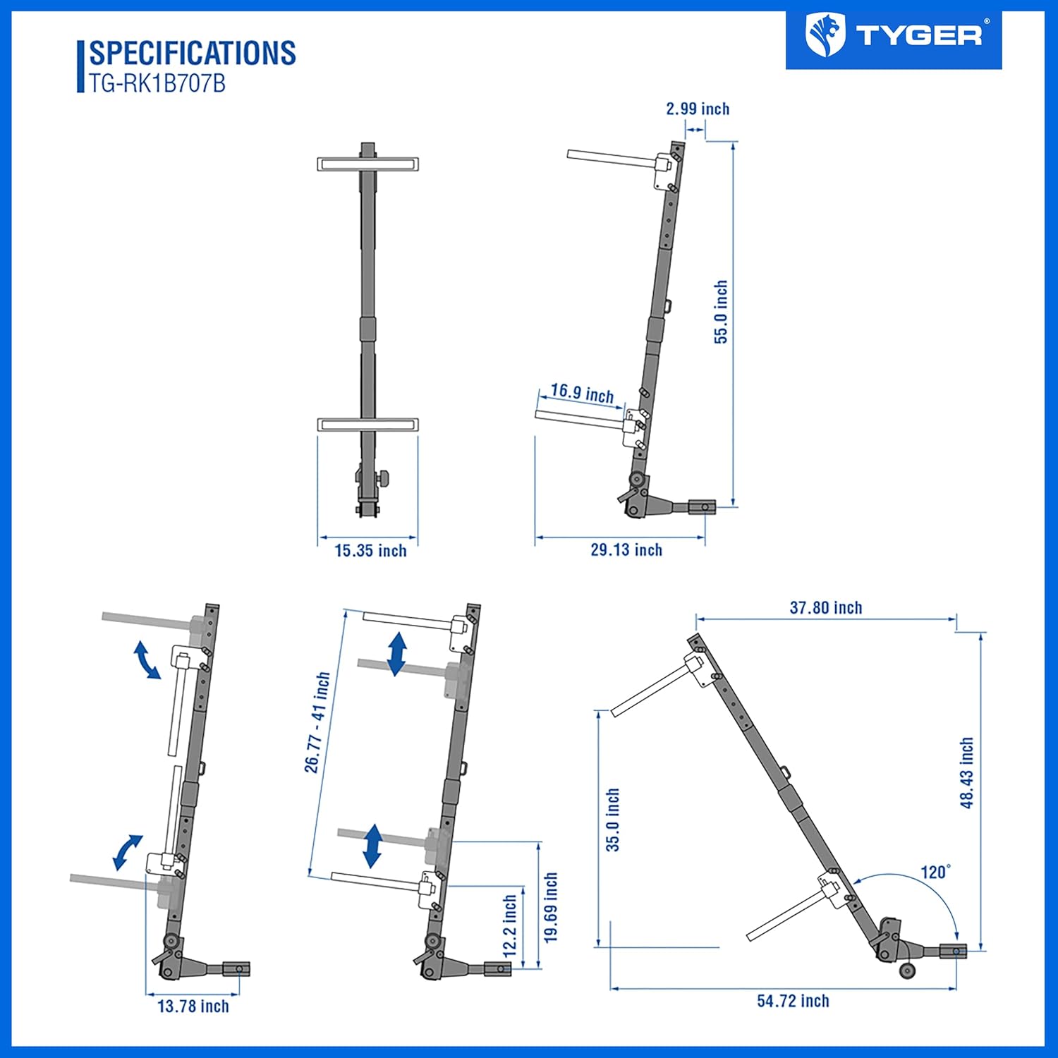 Tyger Auto TG-RK1B707B Folding Hitch-Mounted Ski/Snowboard Rack Fits 2" or 1.25" Receiver Carries 6 Pair Skis or 4 Snowboards | Key Lock | Security Strap | Vertical Adjustable | Tilt Access