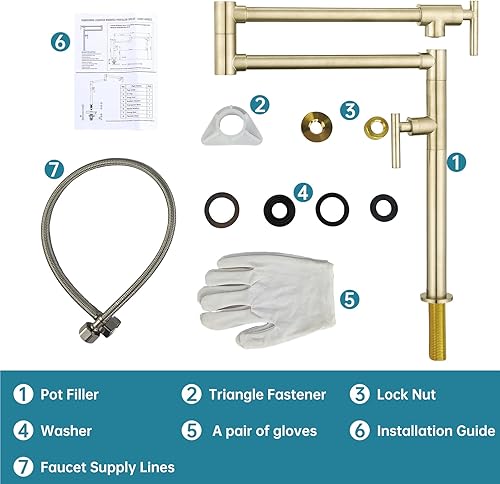 Miniatura 6 de Grifo de llenado de ollas de oro cepillado, montaje en cubierta de latón sin plomo sobre estufa con brazos oscilantes de doble junta