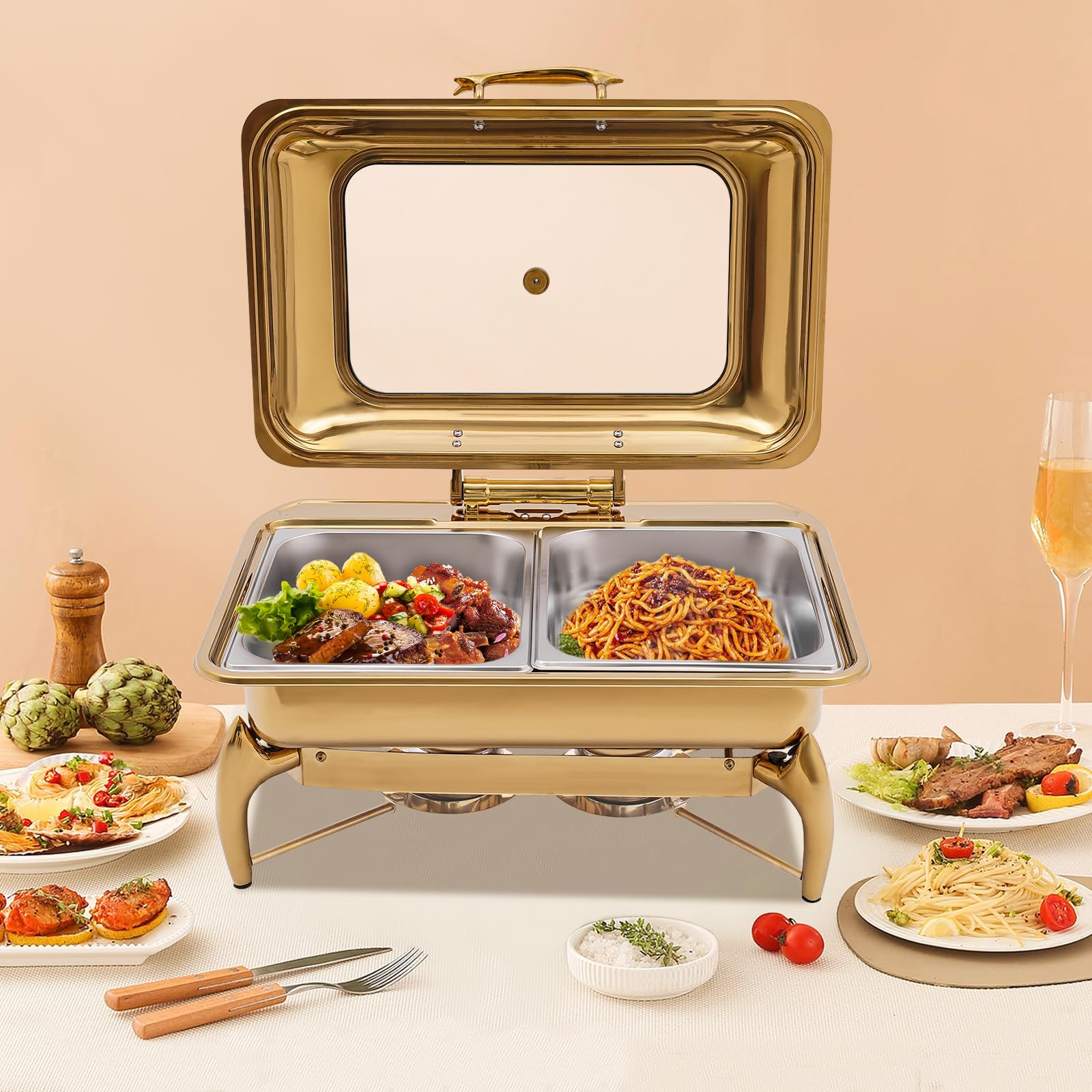 9.5Qt Chafing Dish Buffet Set, Heat Preservation Stainless Steel Buffet Stove with 2 Food Pans&Fuel Holder&Hydraulic Clear Lid, Commercial Full Size Heating Furnace for Hotel Restaurant Breakfast,Gold
