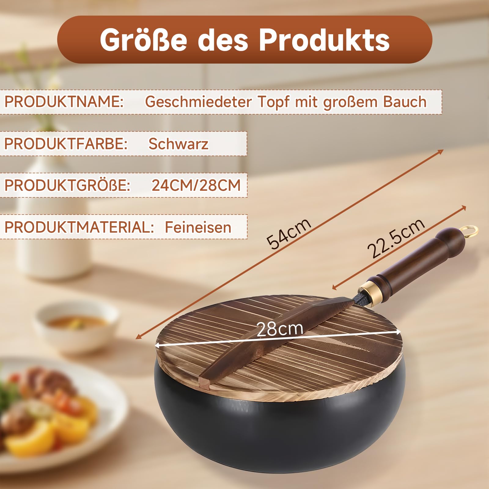 Japanische Eisenpfanne Von RANJIMA, 28 Cm, Mit Holzdeckel – Für Alle Herdarten