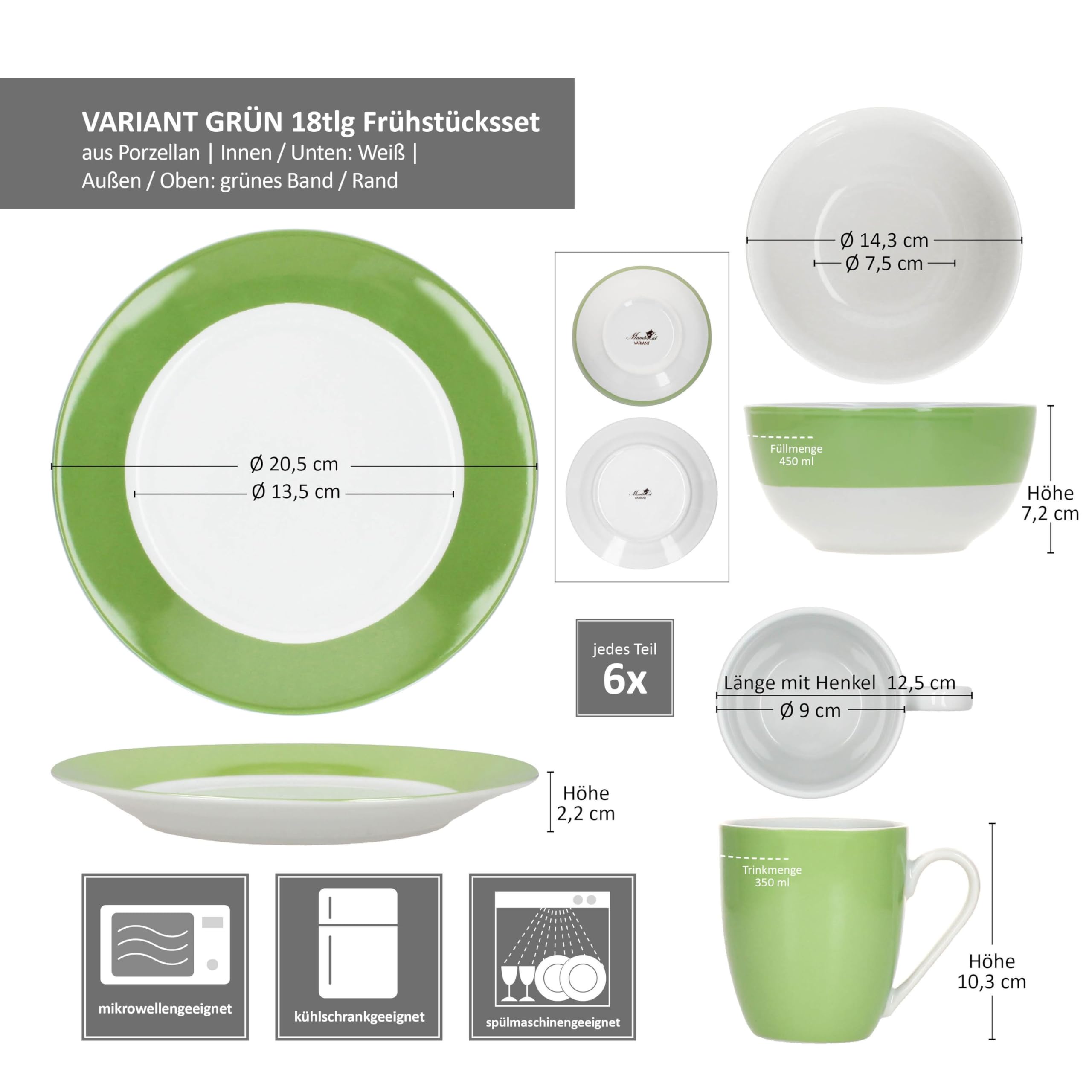 MamboCat Variant Grün 18tlg Frühstücksset I Je 6X kleine Teller, Schale 450ml & Kaffeebecher 350ml, Höhe 10,3cm für 6 Personen I Porzellan-Geschirr für Frühstücks- & Kaffeezeit