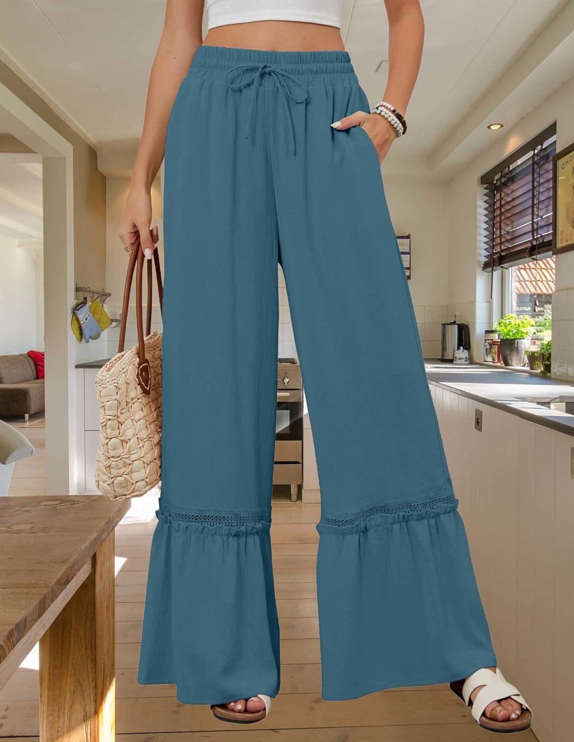LIZALIG Womens Elastic High Waist Wide Leg Ruffle Loose Beach Palazzo Pants - Image 4