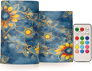 ALAZA Blue Gold Mandala Tie Dye Pattern Flickering Flameless Candles Battery Operated with Remote Timer,Tea Light Candles LED Pillar Votive Candles Set of 2 for Outdoor Indoor Decorations