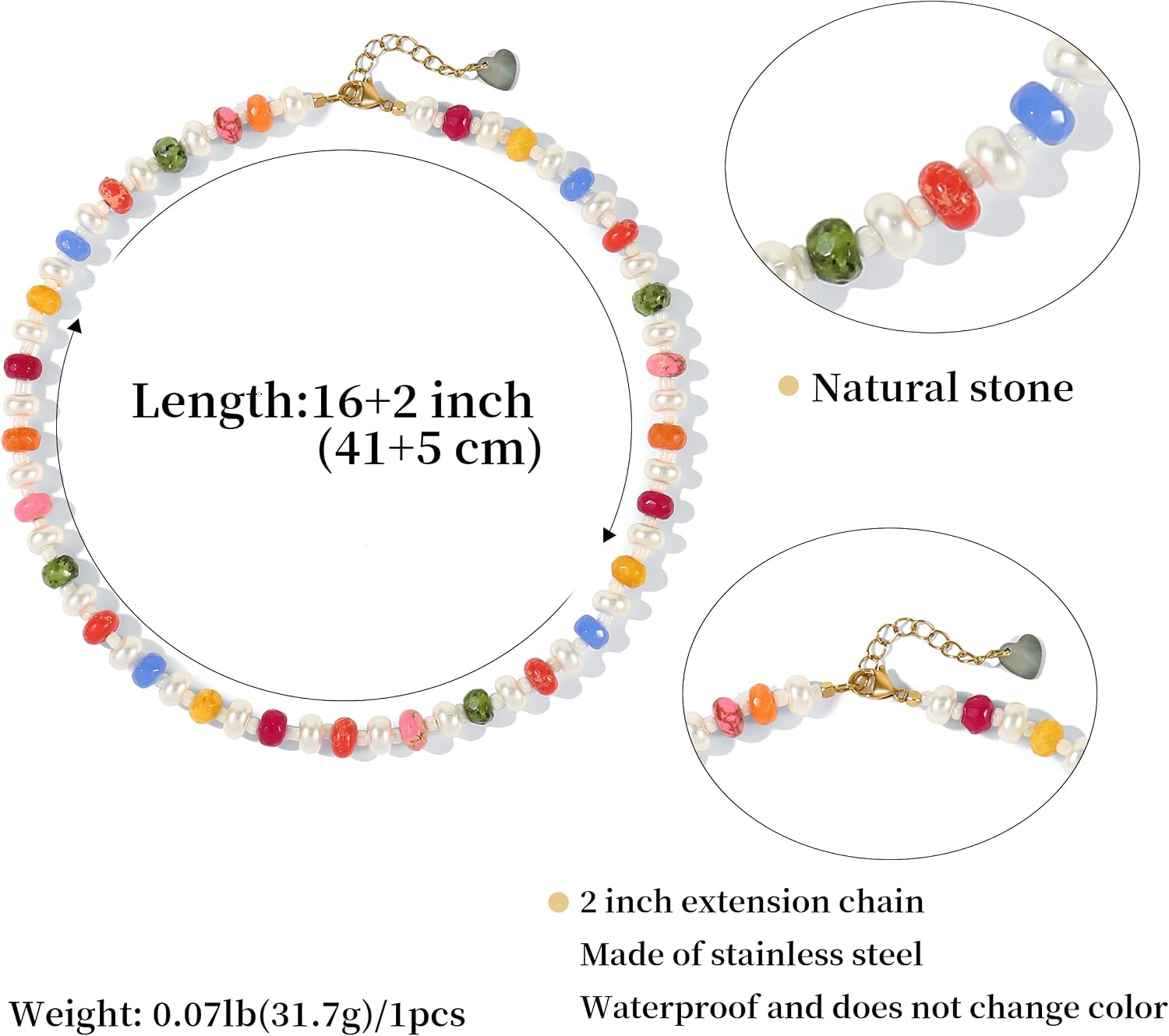 Joya Love Colorful Gemstone Beaded Necklaces For Women Trendy Rainbow Natural Stone Boho Handmade Stainless Steel Waterproof Strand Necklaces Jewelry For Women Gift image 3
