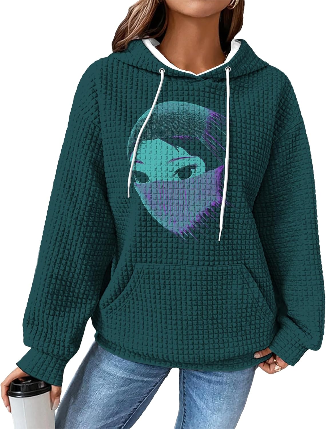 domirica Waffle Hoodie Women Funny Oversized Pullover With Pocket Long Sleeve Comfy Vintage Street Wear Fall Basic Clothes