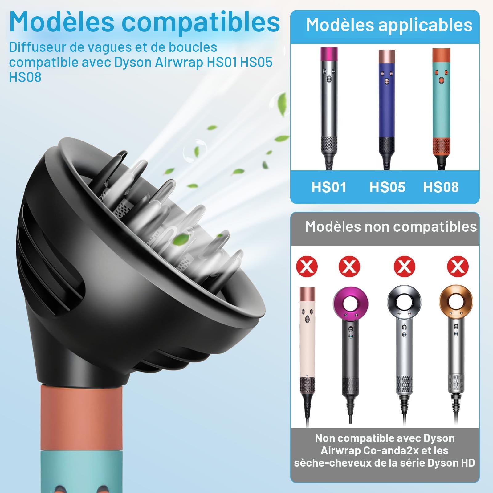 Diffuseur Wave+Curl pour Dyson Airwrap HS01 HS05 HS08 Accessoire, embout pour dyson airwrap, conversion pour Dyson Airwrap Styler en sèche-cheveux
