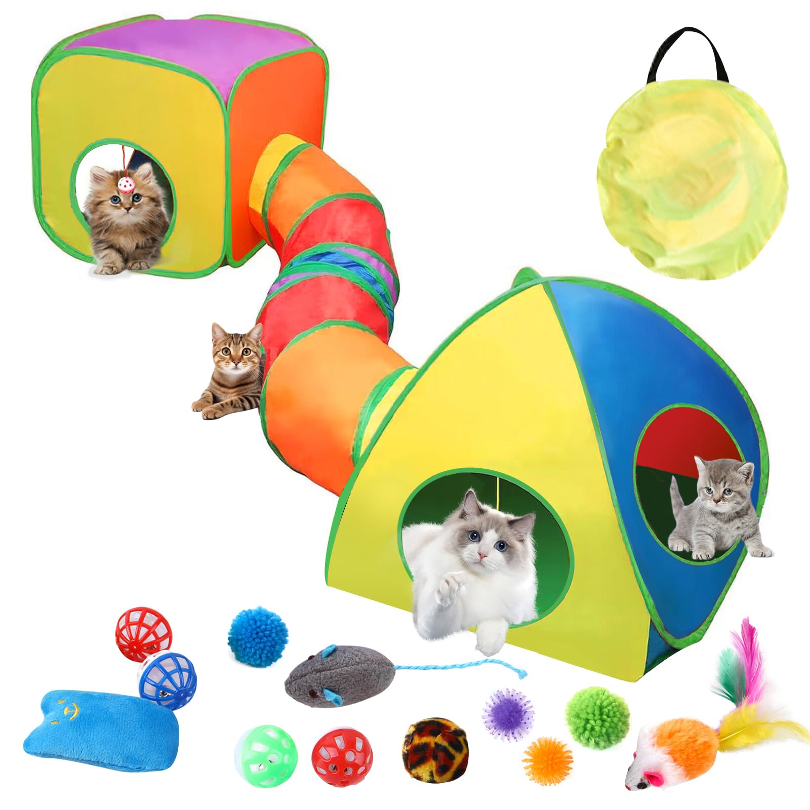 Cat Tunnel,16pcs 3 in 1 Pop-Up Collapsible Cat Toy for Indoor/Outdoor Play, Interactive Maze for Cats Kittens, Puppies
