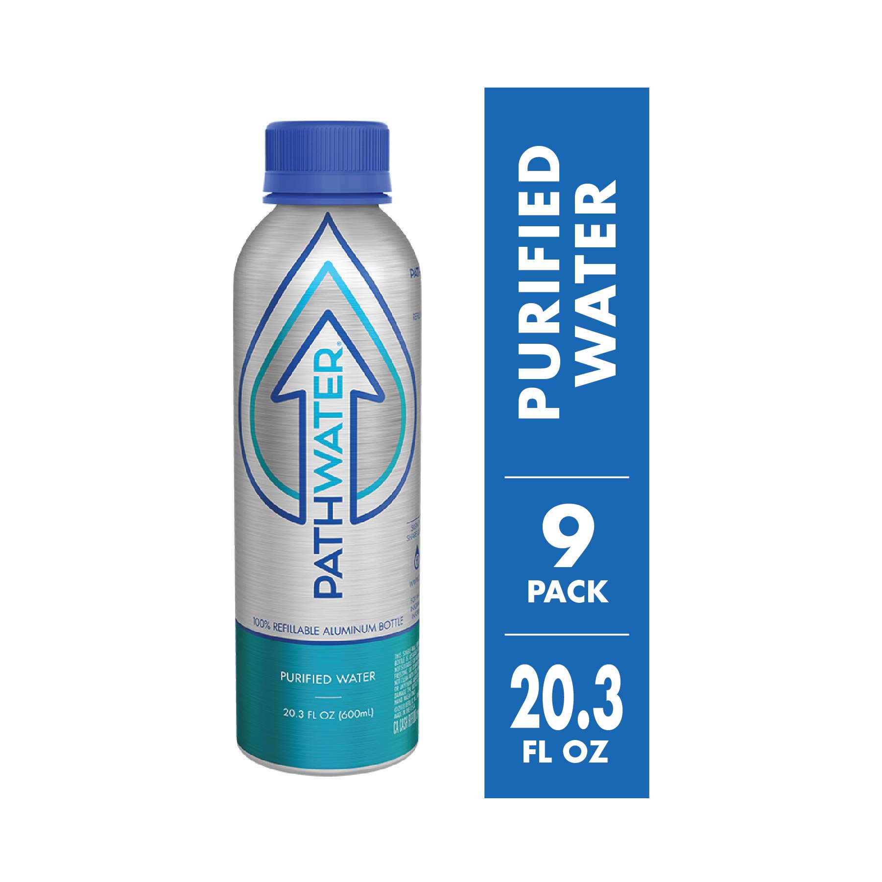 PATHWATER Purified Flouride Free Water in Eco-Friendly, Sustainable BPA Free Reusable Recyclable Durable Light Weight Leak Proof Sleek Aluminum Bottle (600 mL, 20 Ounces, Case of Water, Pack of 9)