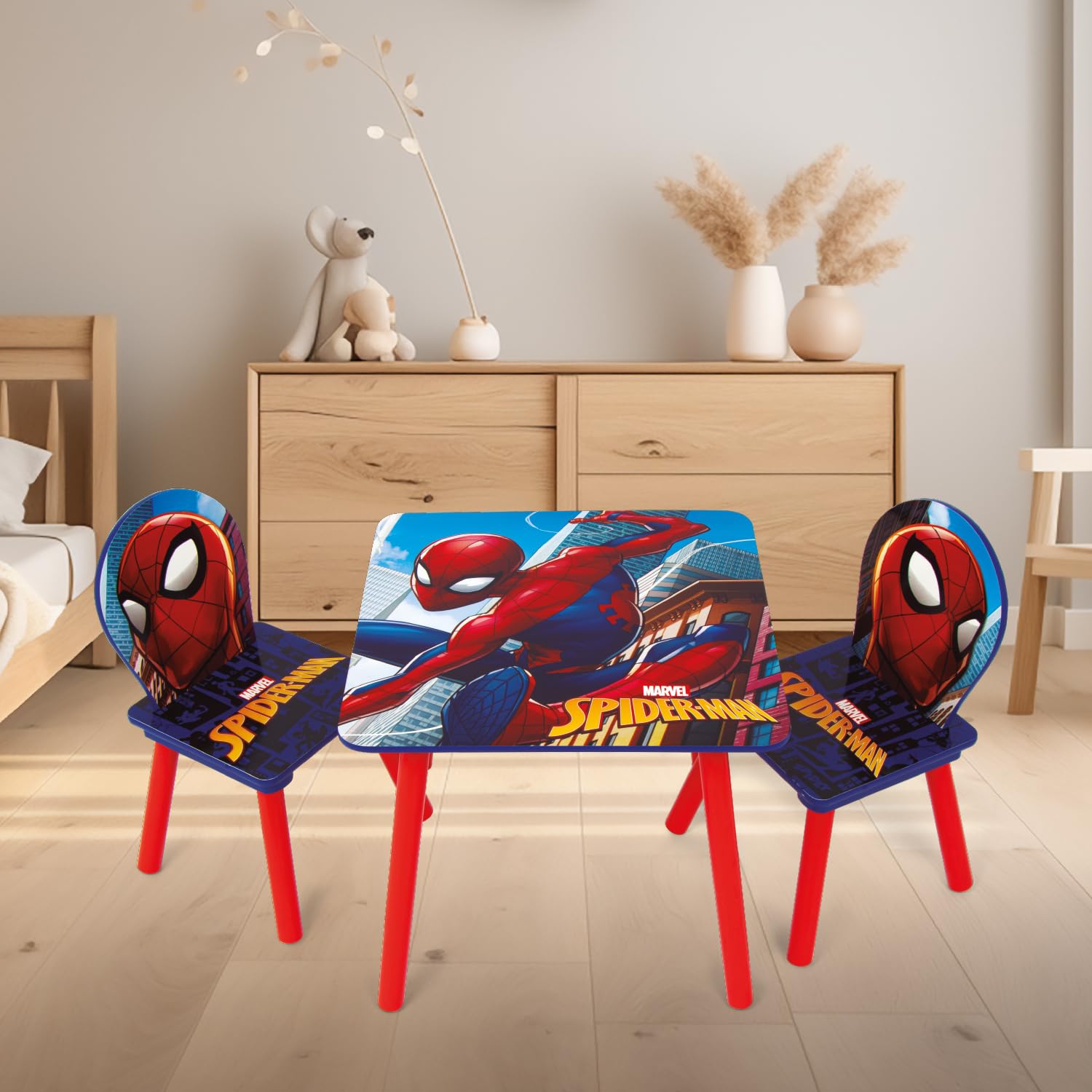 ARDITEX - Set de Mesa y 2 Sillas Infantiles de Madera - 50x50x44 cm y 26,5x26,5x50 cm - Ideal para Jugar, Pintar y Hacer Manualidades - Licencia Oficial de Marvel Spiderman